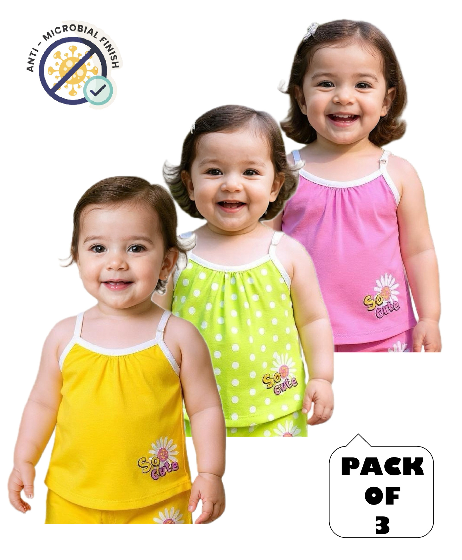 COCOON ORGANICS 100% Cotton Knit Pack Of 3 Sleeveless Polka Dots & So Cute Text Printed Anti Microbial Slips - Yellow Green & Pink-picture-24