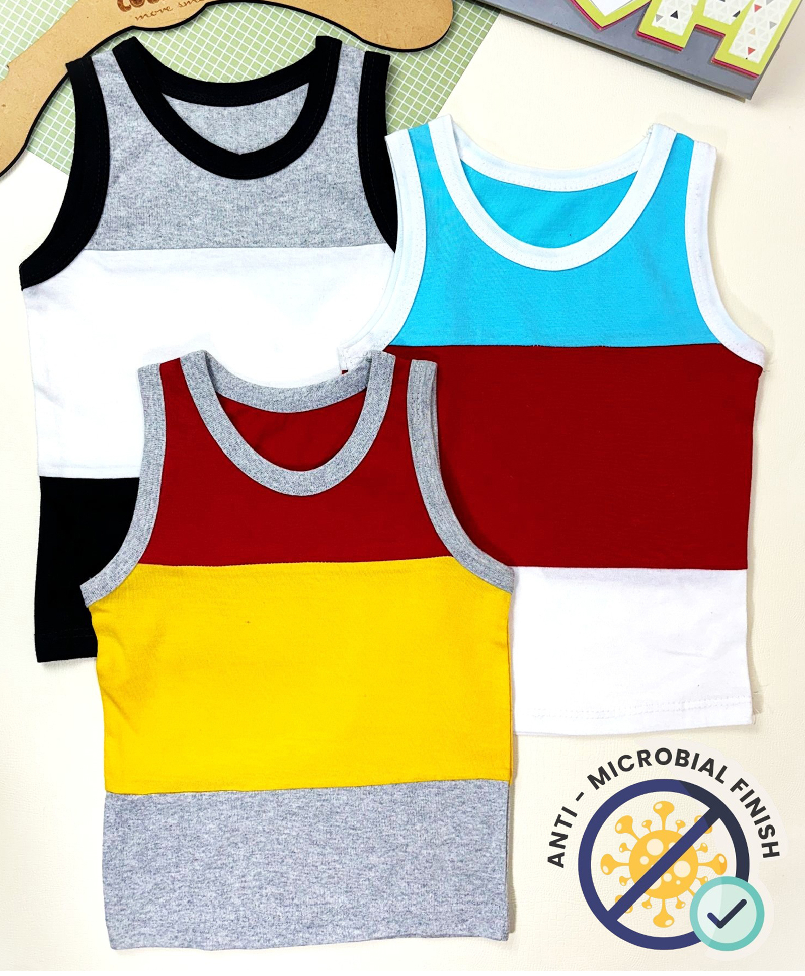 COCOON ORGANICS 100% Cotton Knit Pack Of 3 Sleeveless Colour Blocked Anti Microbial Stretchable Tees - Grey Black White Yellow Red & Sky Blue-picture-10