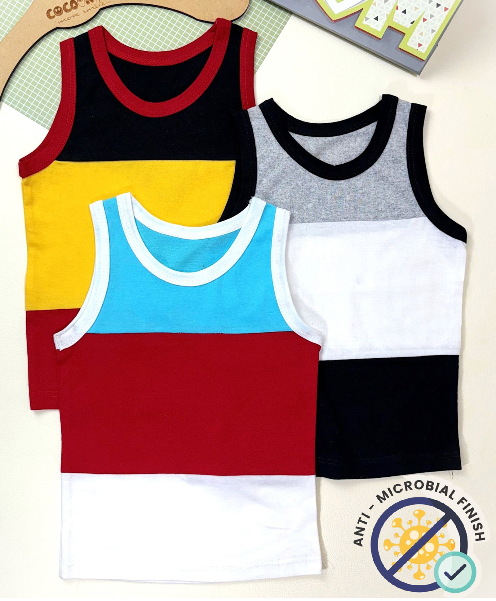 COCOON ORGANICS 100% Cotton Knit Pack Of 3 Sleeveless Colour Blocked Anti Microbial Stretchable Tees - Grey Black White Yellow Red & Light Blue