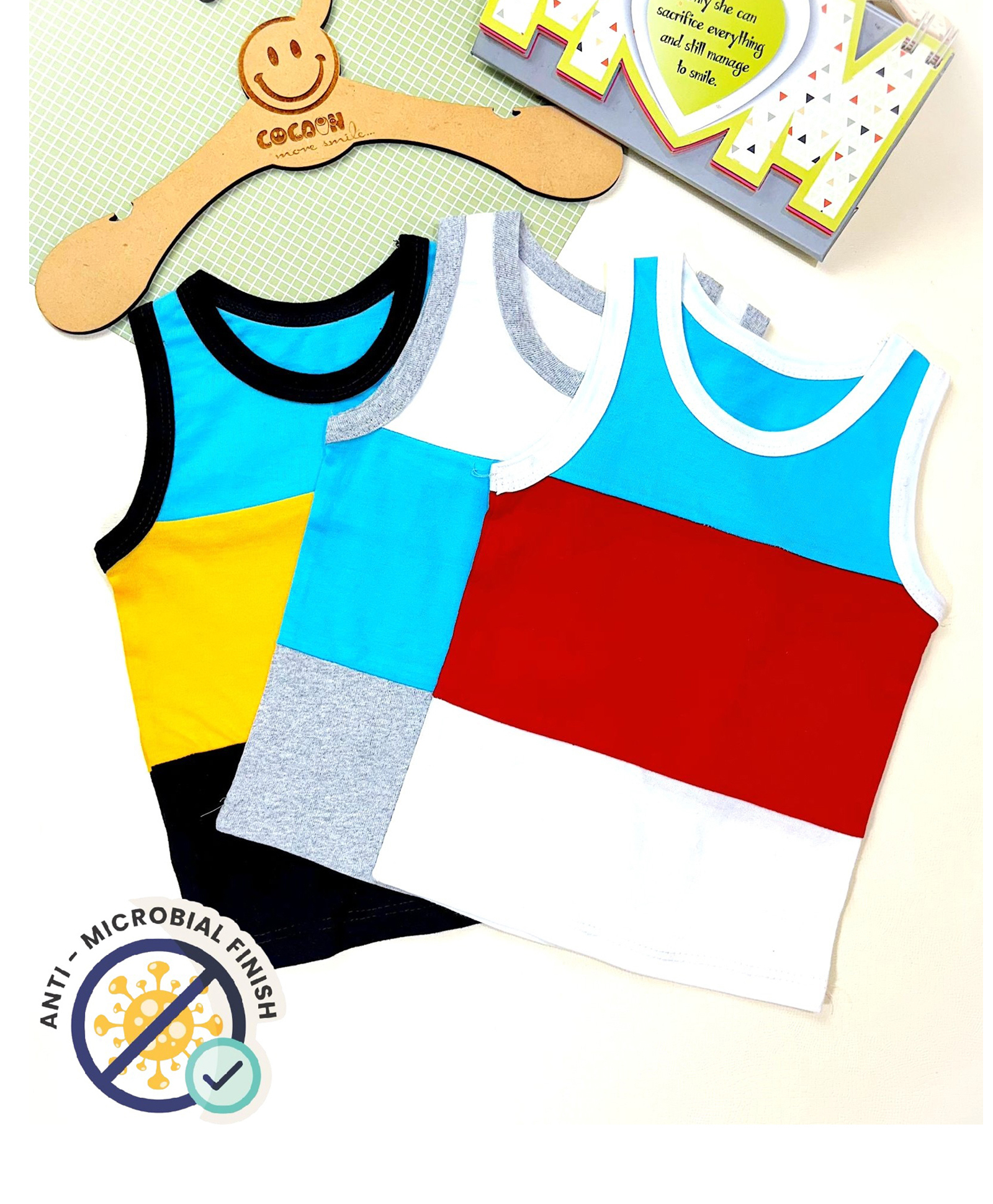 COCOON ORGANICS 100% Cotton Knit Pack Of 3 Sleeveless Colour Blocked Anti Microbial Stretchable Tees - Grey Melange Black White Yellow Red & Sky Blue-picture-17