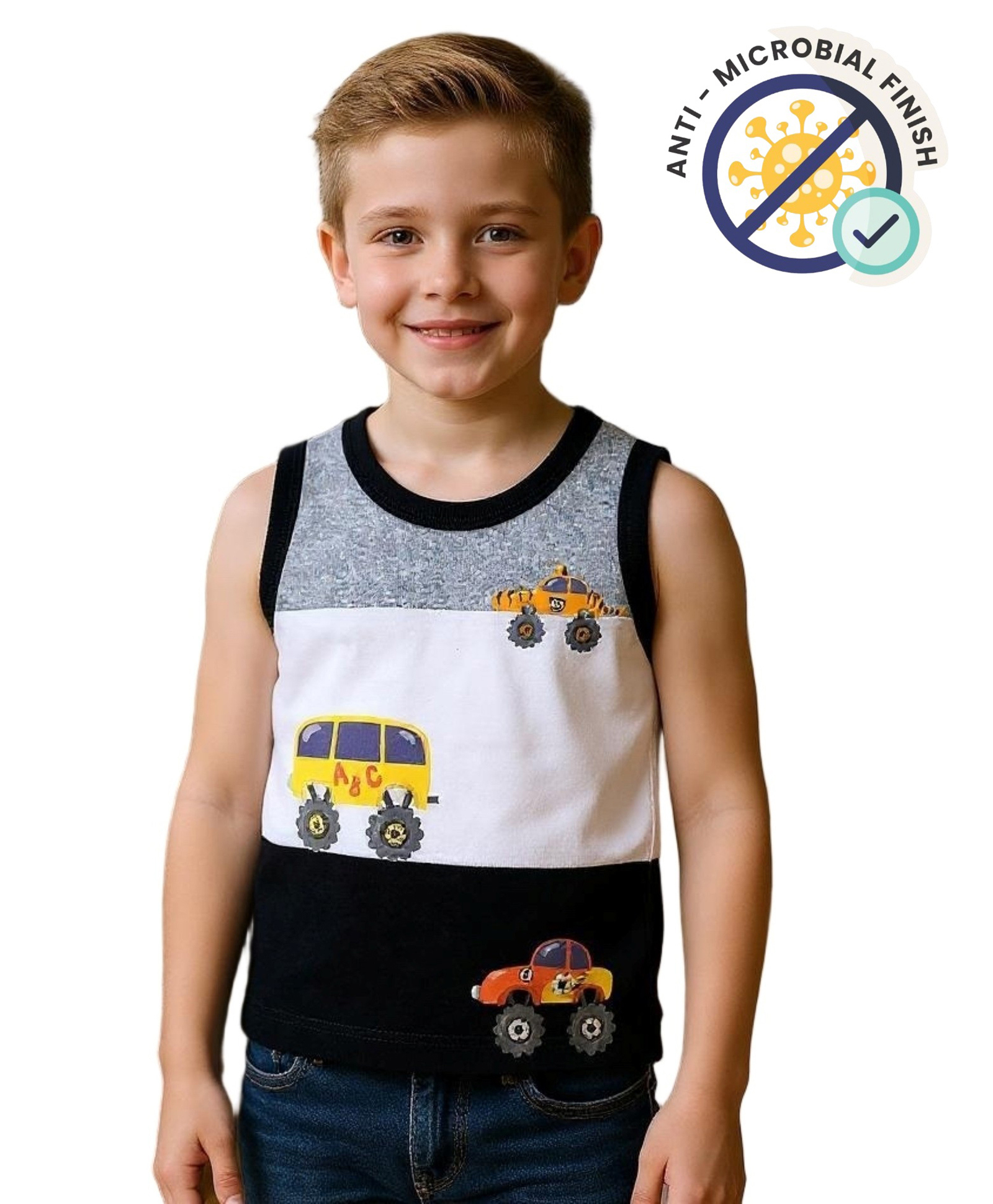 COCOON ORGANICS 100% Cotton Knit Sleeveless Monster Truck Printed Stretchable Anti Microbial Tee - Grey Melange Black & White-picture-12