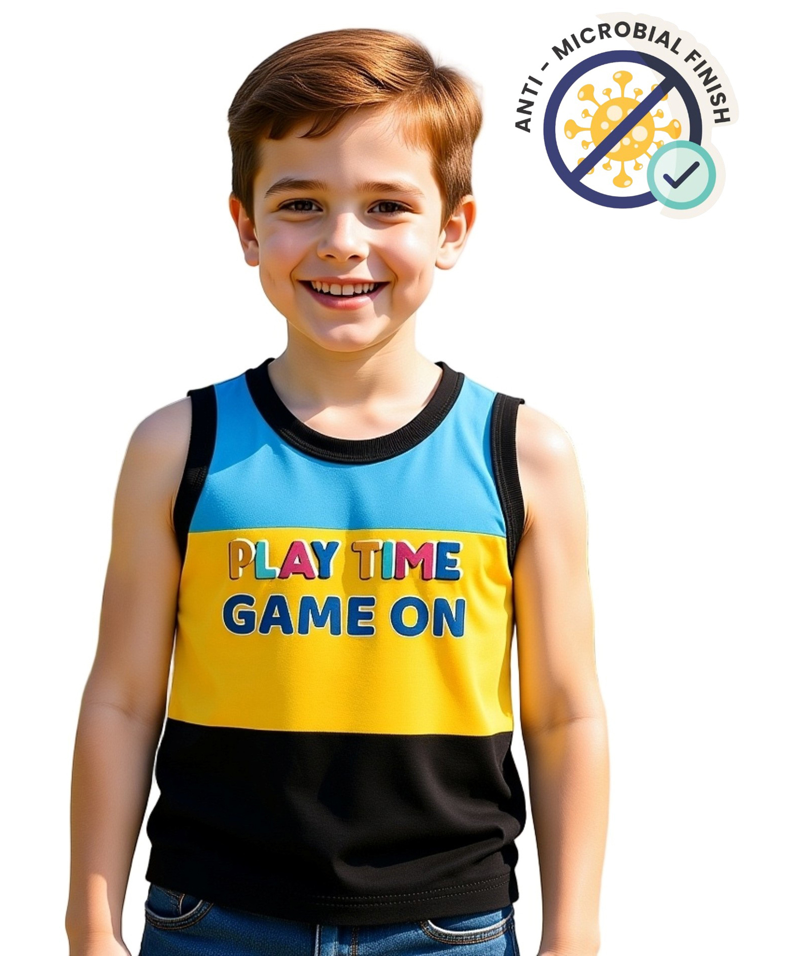COCOON ORGANICS 100% Cotton Knit Sleeveless Play Time Text Printed Anti Microbial Stretchable Tees - Yellow Black & Sky Blue-picture-15