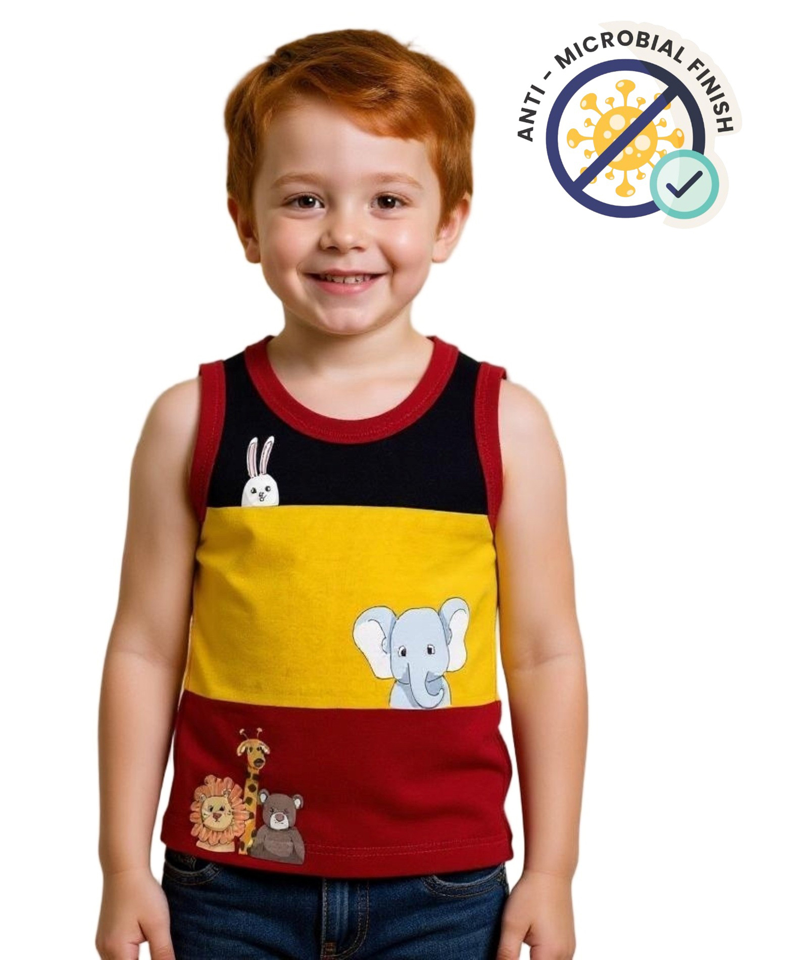 COCOON ORGANICS 100% Cotton Knit Sleeveless Anti Microbial Colour Blocked & Animals Printed Stretchable Sports Tee - Yellow Black & Red