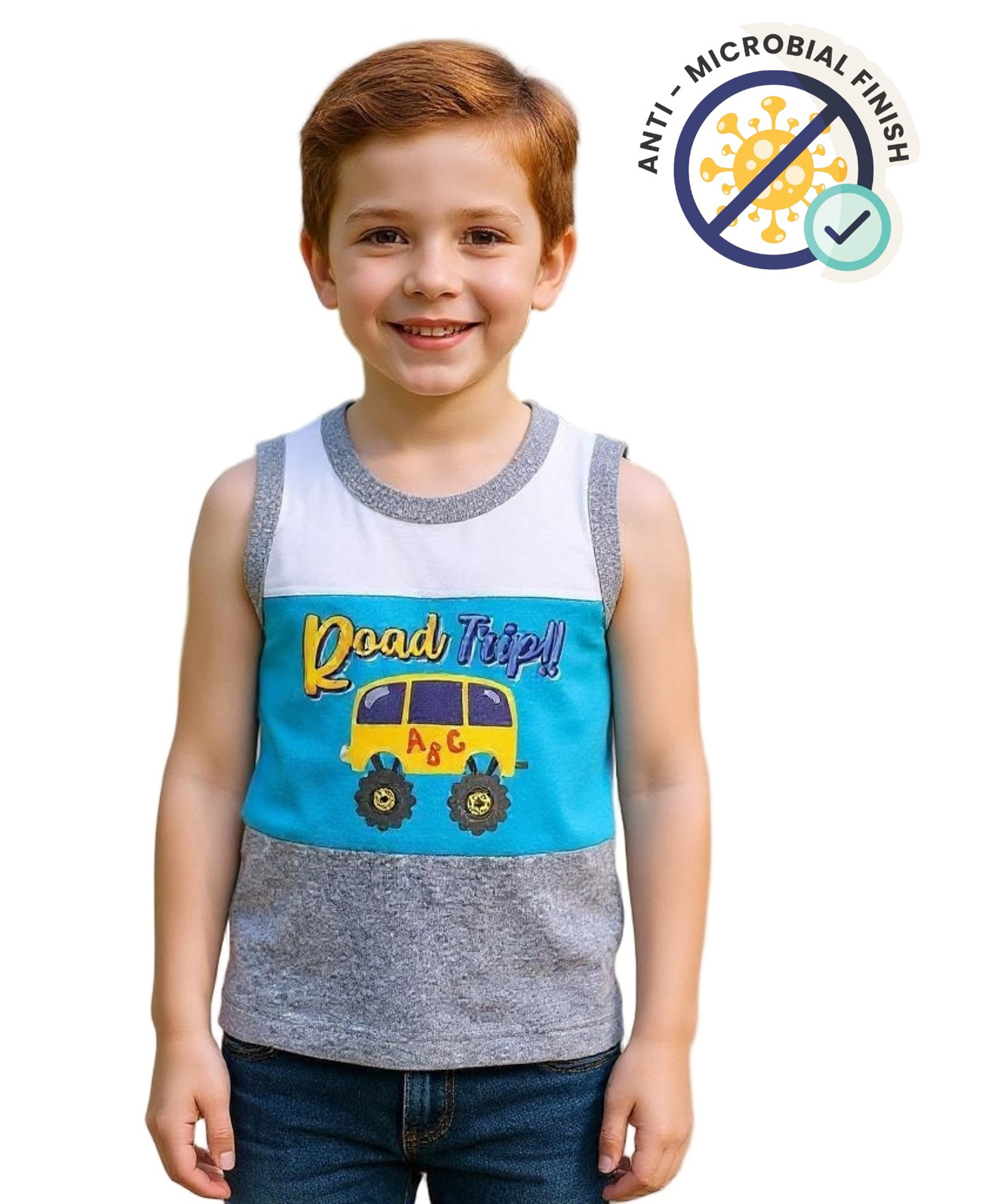 COCOON ORGANICS 100% Cotton Knit Sleeveless Anti Microbial Colour Blocked & Van Printed Stretchable Sports Tee - Sky Blue White & Grey Melange-picture-38