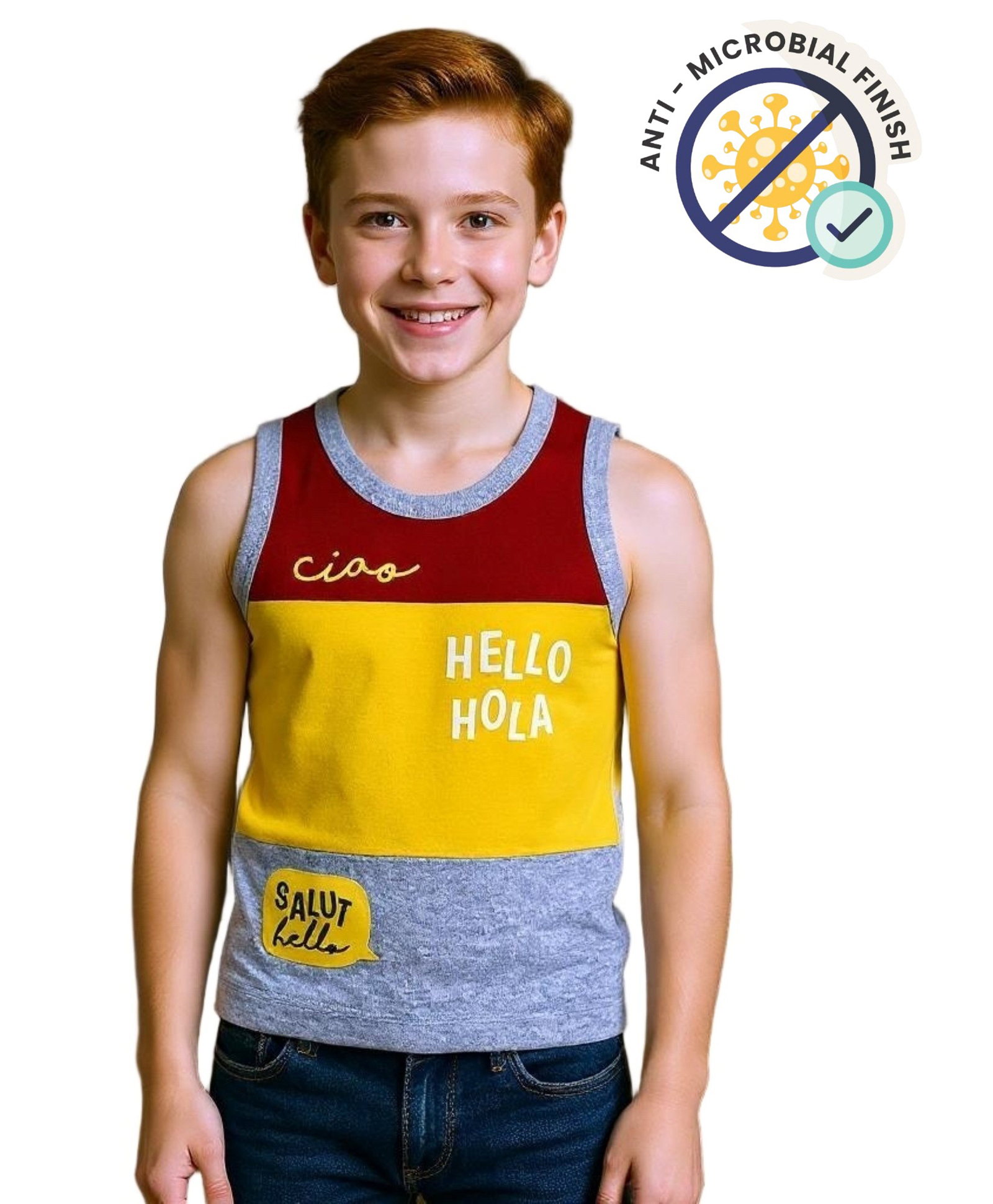 COCOON ORGANICS 100% Cotton Knit Sleeveless Anti Microbial Colour Blocked & Hello Text Printed Stretchable Sports Tee - Yellow Red & Grey Melange-image-13