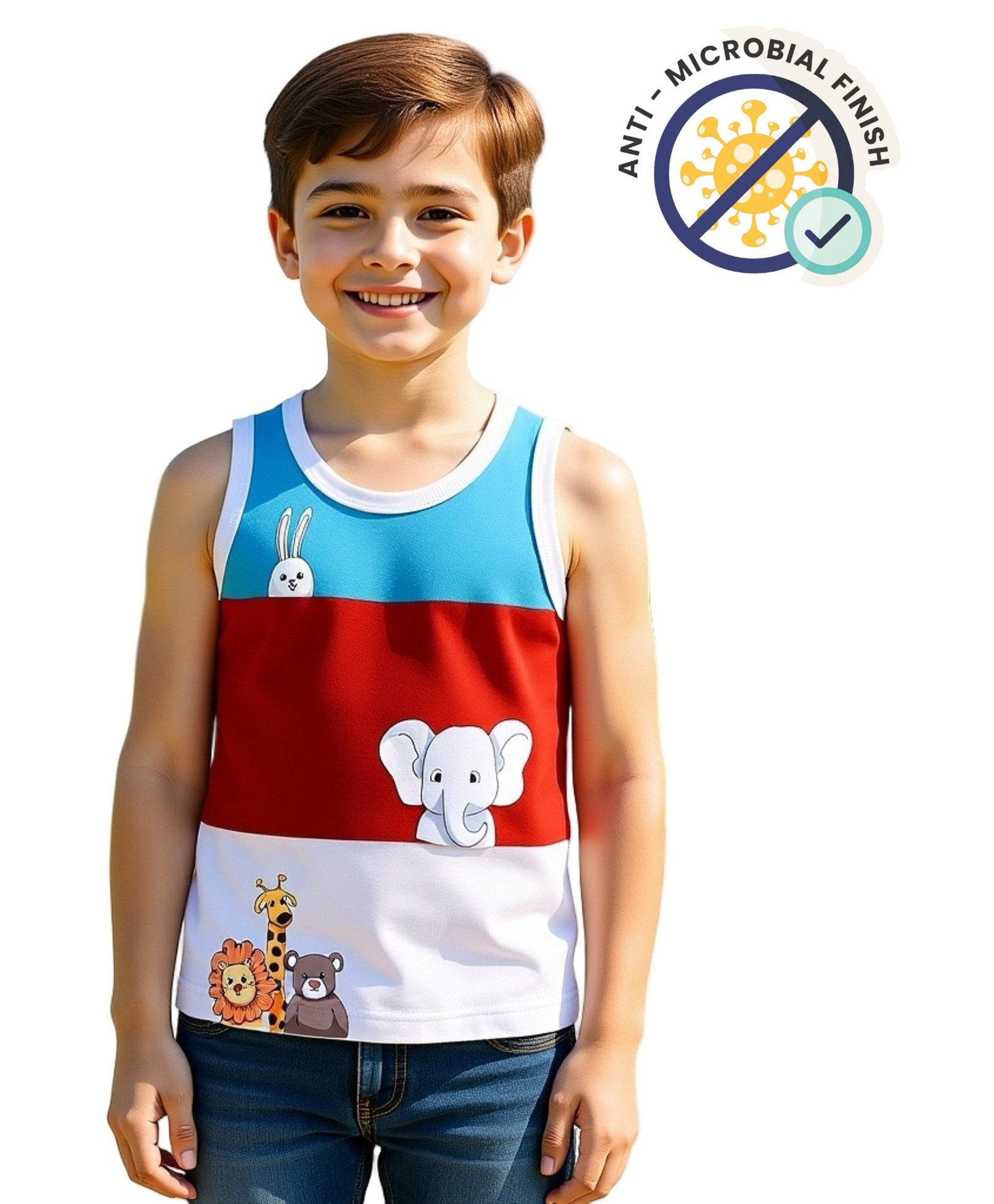 COCOON ORGANICS 100% Cotton Knit Sleeveless Rugby Striped Baby Animals Printed Anti Microbial Stretchable Tees - White Red & Sky Blue-picture-25