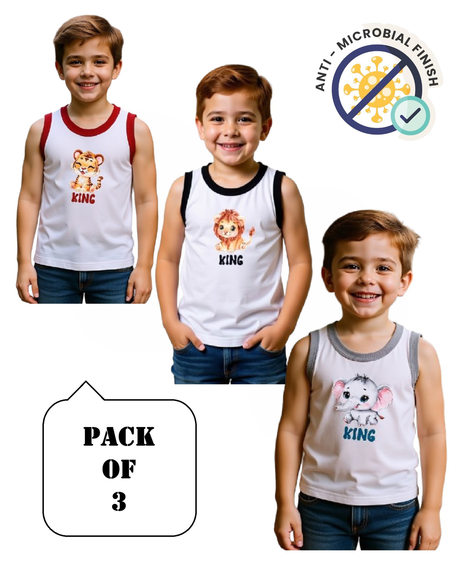 COCOON ORGANICS 100% Cotton Knit Pack Of 3 Sleeveless Baby Animals Printed Anti Microbial Vests - White Red Black & Grey Melange-picture-33