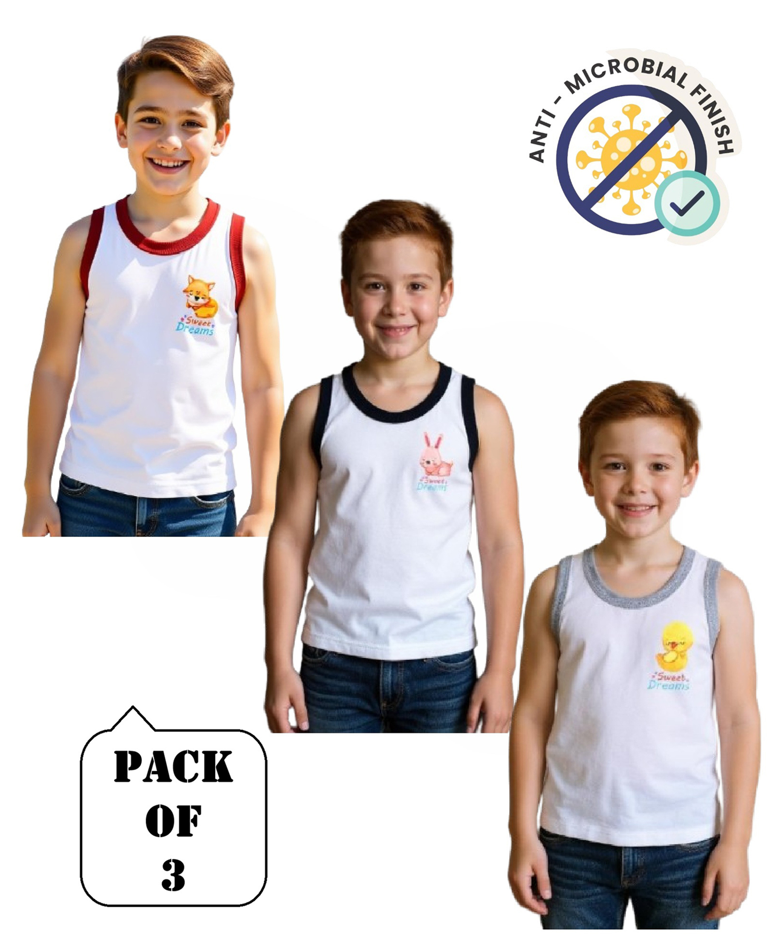 COCOON ORGANICS 100% Cotton Knit Pack Of 3 Sleeveless Baby Animals Printed Anti Microbial Vests - White Red Black & Grey Melange-picture-26