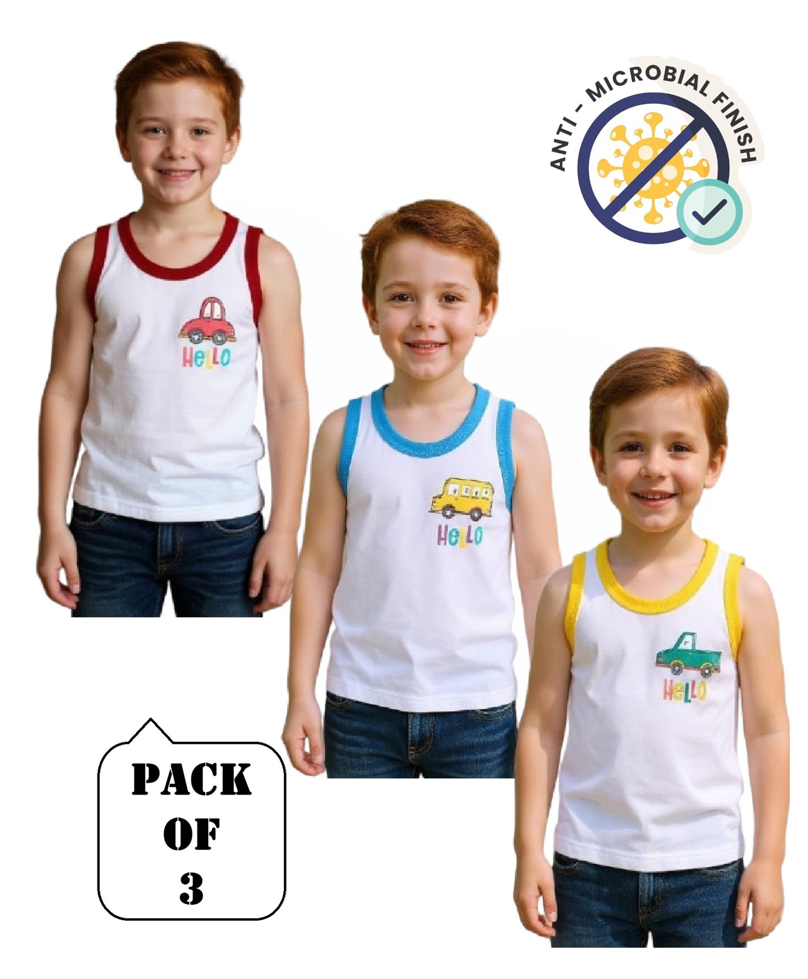 COCOON ORGANICS 100% Cotton Knit Pack Of 3 Sleeveless Vehicles & Hello Text Printed Anti Microbial Vests - White Red Yellow & Sky Blue-picture-30