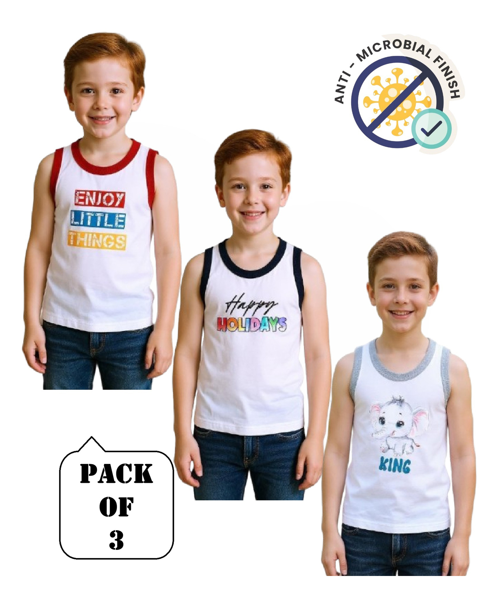 COCOON ORGANICS 100% Cotton Knit Pack Of 3 Sleeveless Baby Elephant & Happy Holidays Text Printed Anti Microbial Vests - White Black Red & Grey Melange-image-12