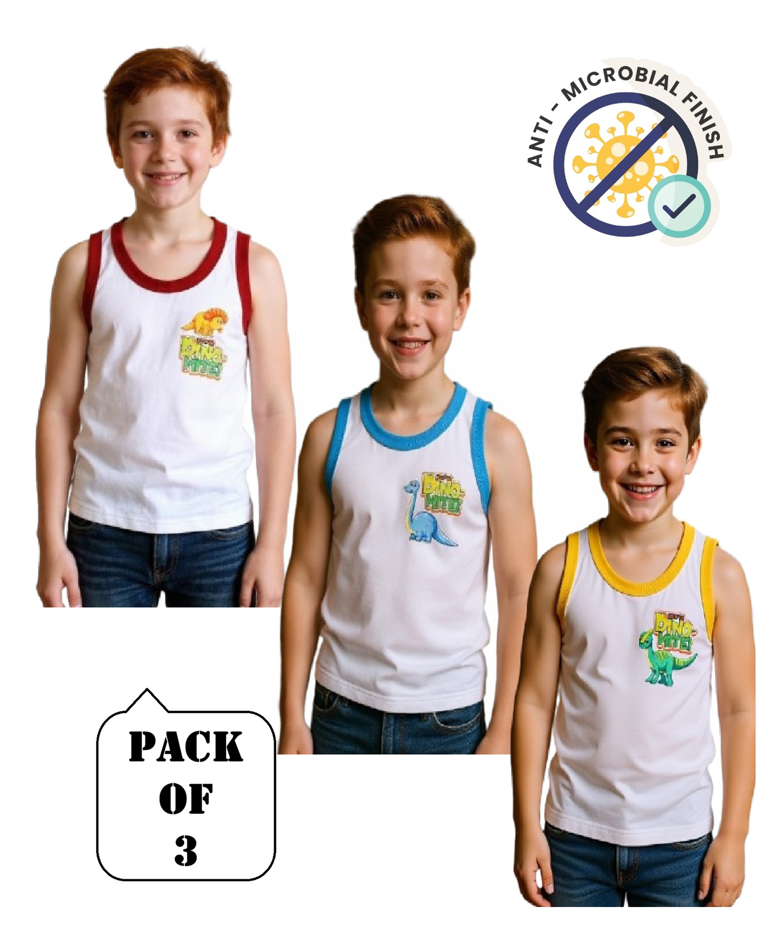 COCOON ORGANICS 100% Cotton Knit Pack Of 3 Sleeveless Baby Dinosaurs Printed Anti Microbial Vests - White Yellow Red & Sky Blue-picture-21