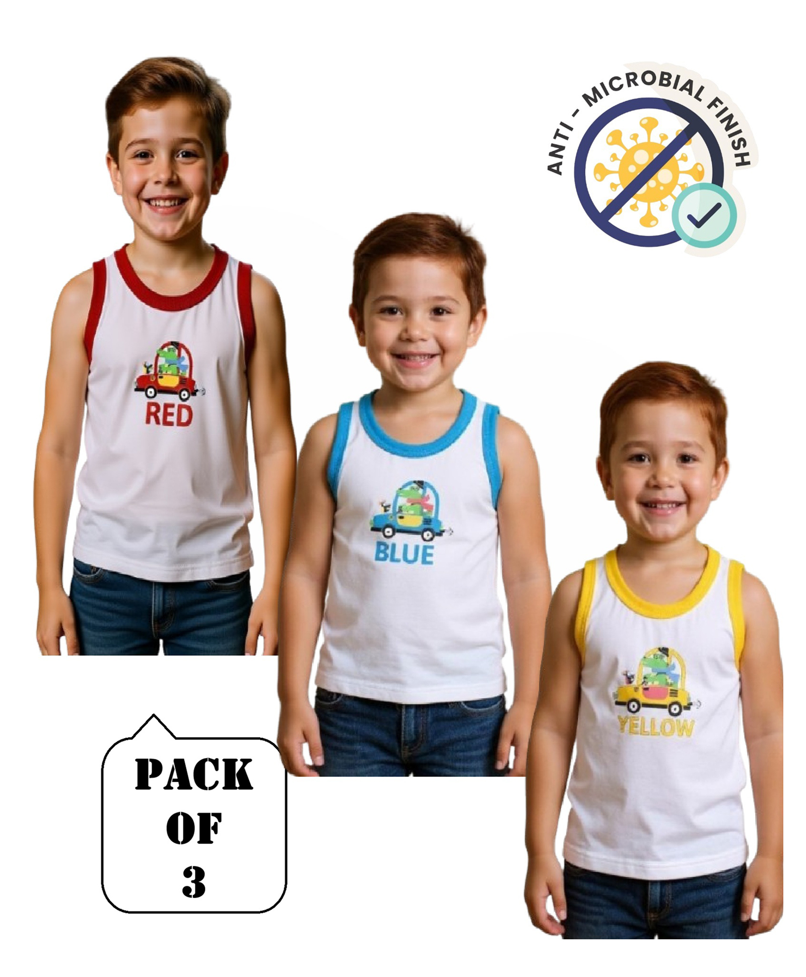 COCOON ORGANICS 100% Cotton Knit Pack Of 3 Sleeveless Baby Dinosaurs Driving Cars Printed Anti Microbial Vests - White Yellow Red & Sky Blue-picture-23