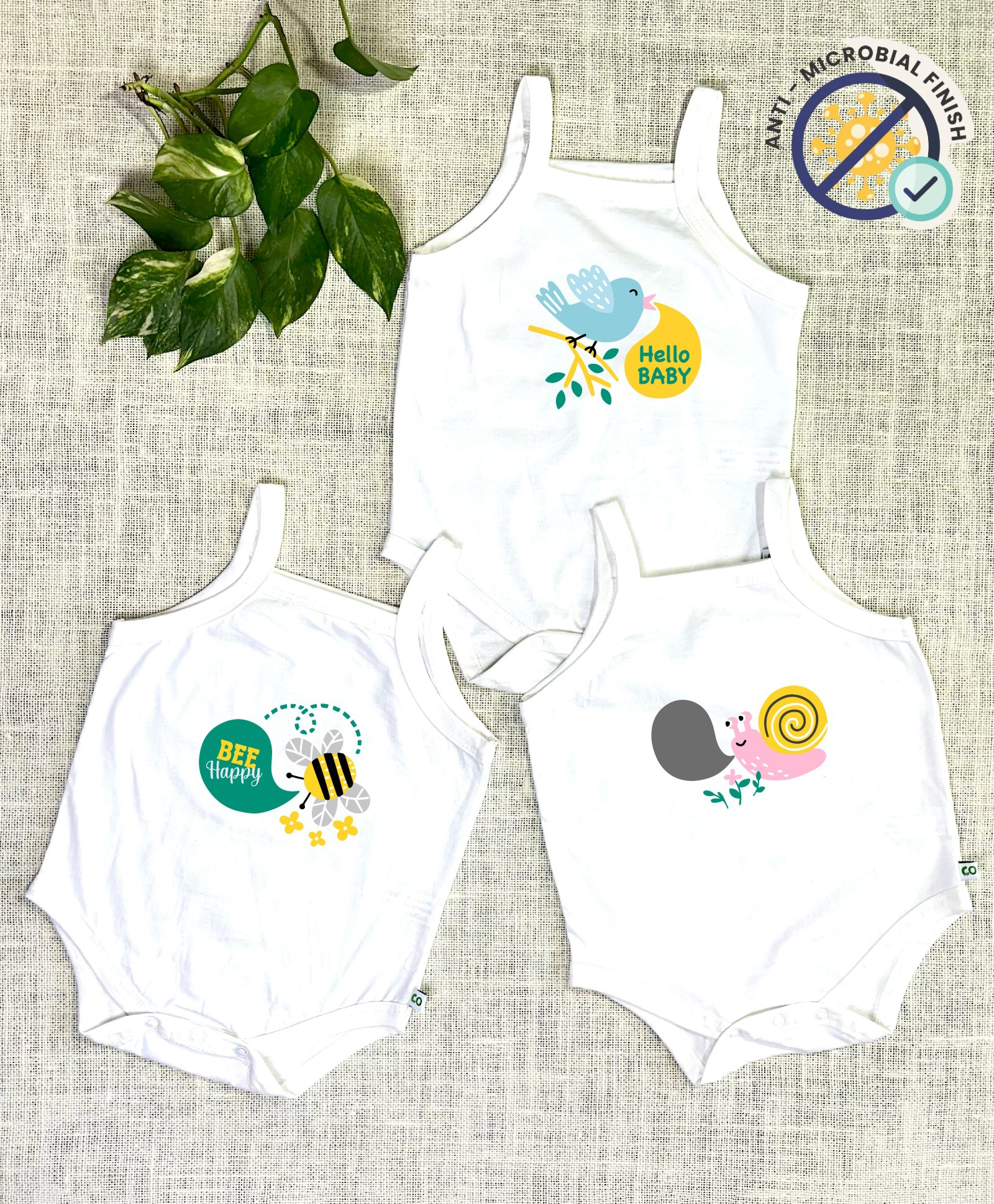 COCOON ORGANICS 100% Cotton Knit Pack Of 3 Sleeveless Bird & Honey Bee Printed Anti Microbial Stretchable Onesies - White-image-41