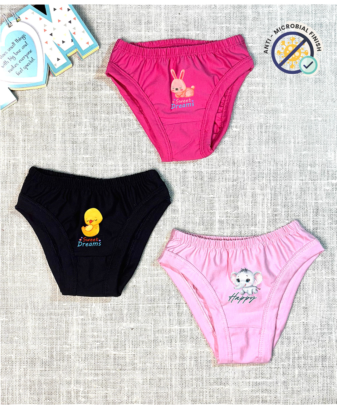 COCOON ORGANICS 100% Cotton Knit Pack Of 3 Baby Animals Printed Anti Microbial Panties - Pink Black & Fuchsia-image-28
