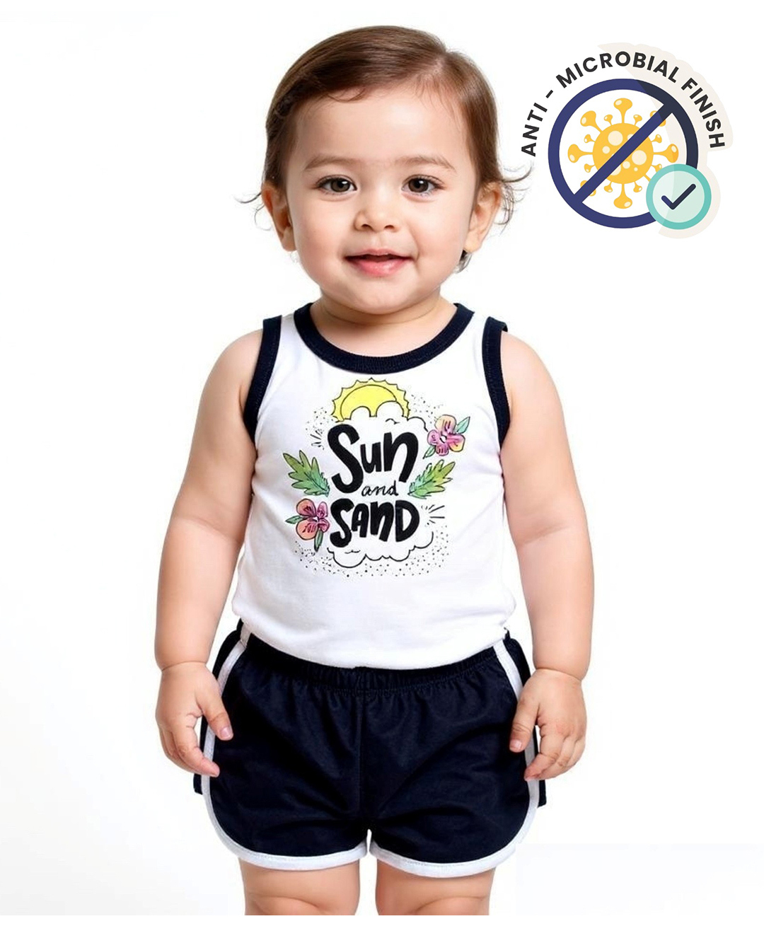 COCOON ORGANICS 100% Cotton Knit Sleeveless Sun Sand Text Printed Anti Microbial Stretchable Tee With Shorts Set - White & Black-picture-16
