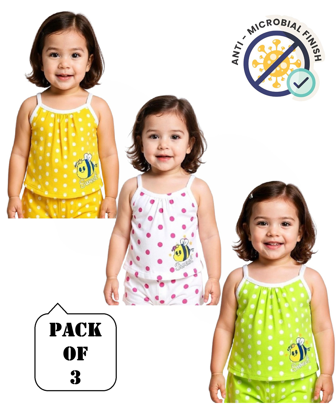 COCOON ORGANICS 100% Cotton Knit Pack Of 3 Sleeveless Honey Bee & Polka Dots Printed Anti Microbial Slips - Yellow Green & Pink-picture-28