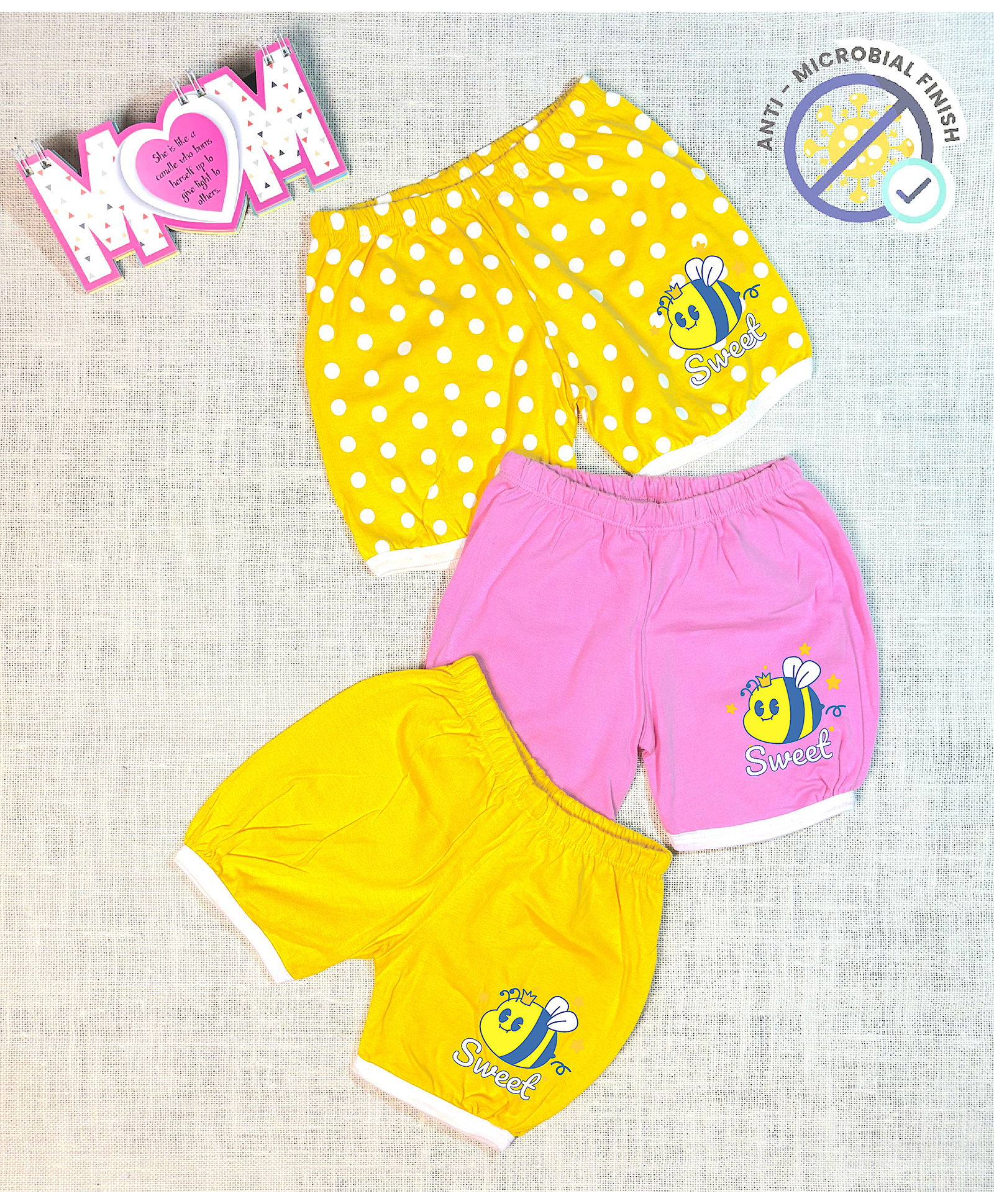 COCOON ORGANICS 100% Cotton Knit Pack Of 3 Polka Dots & Bee Printed Anti Microbial Shorts - Yellow & Pink-picture-20
