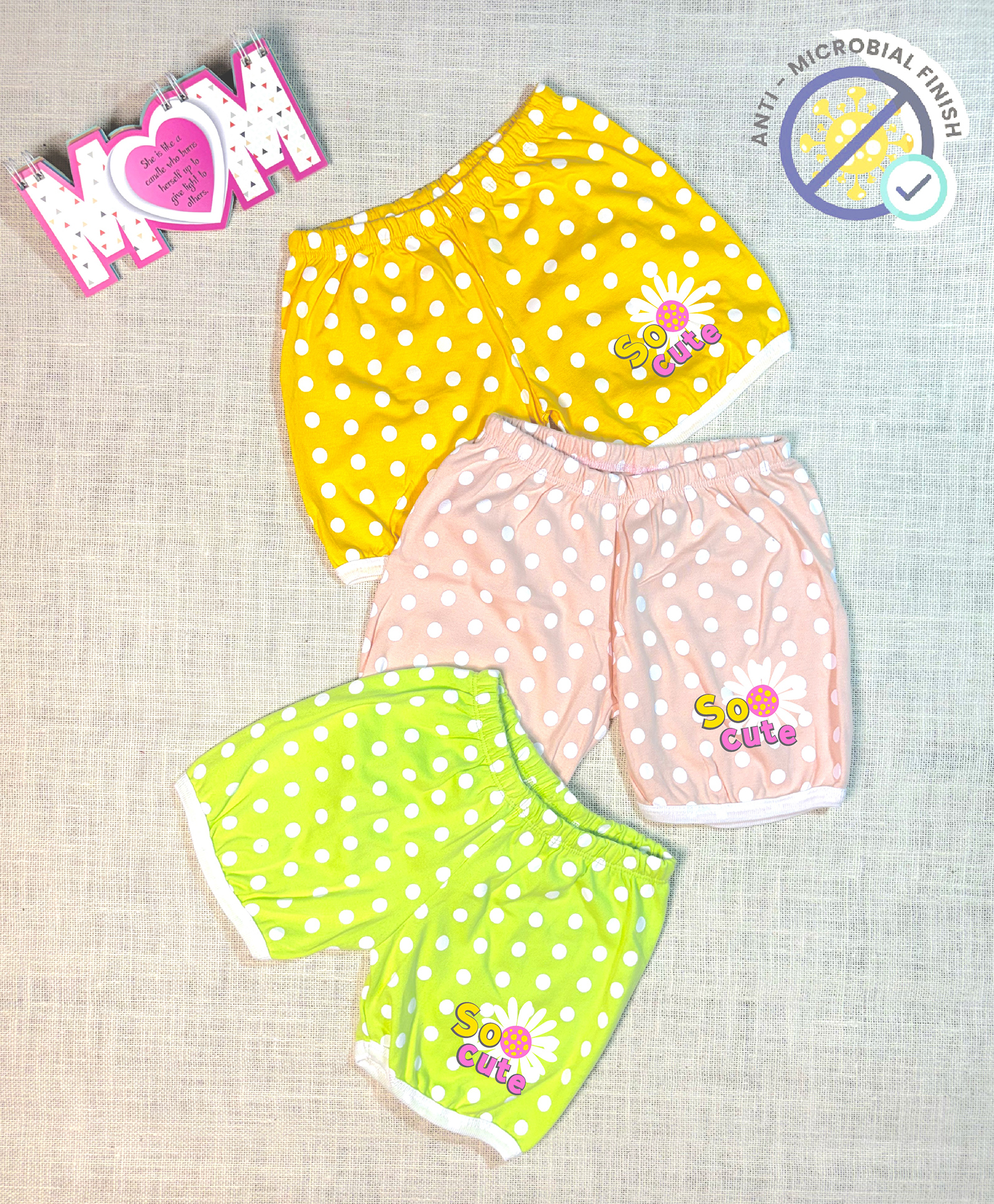 COCOON ORGANICS 100% Cotton Knit Pack Of 3 Polka Dots & Floral Printed Anti Microbial Shorts - Green Yellow & Peach-picture-36