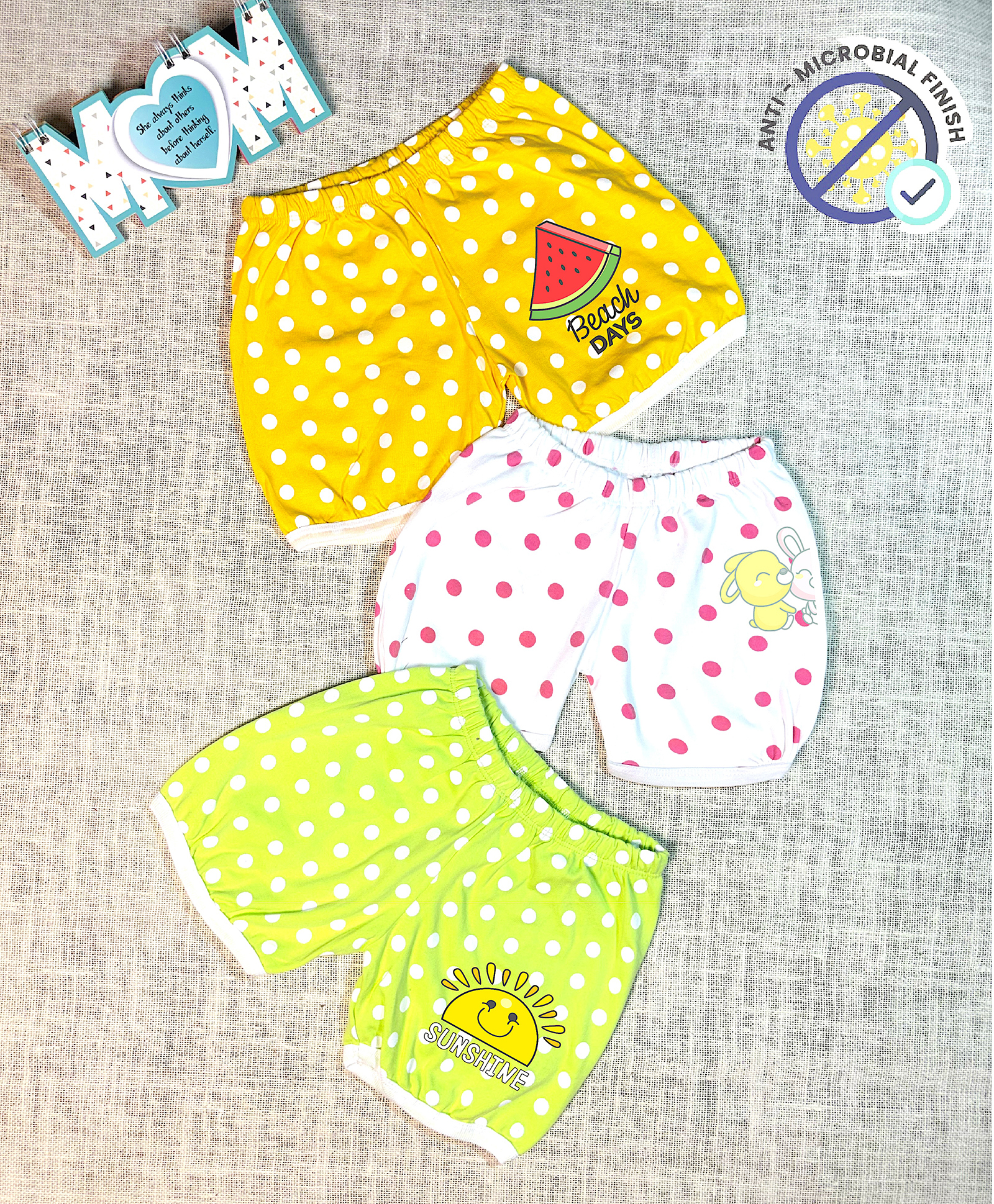 COCOON ORGANICS 100% Cotton Knit Pack Of 3 Polka Dots & Baby Animals Printed Anti Microbial Shorts - Green Yellow & White-picture-35