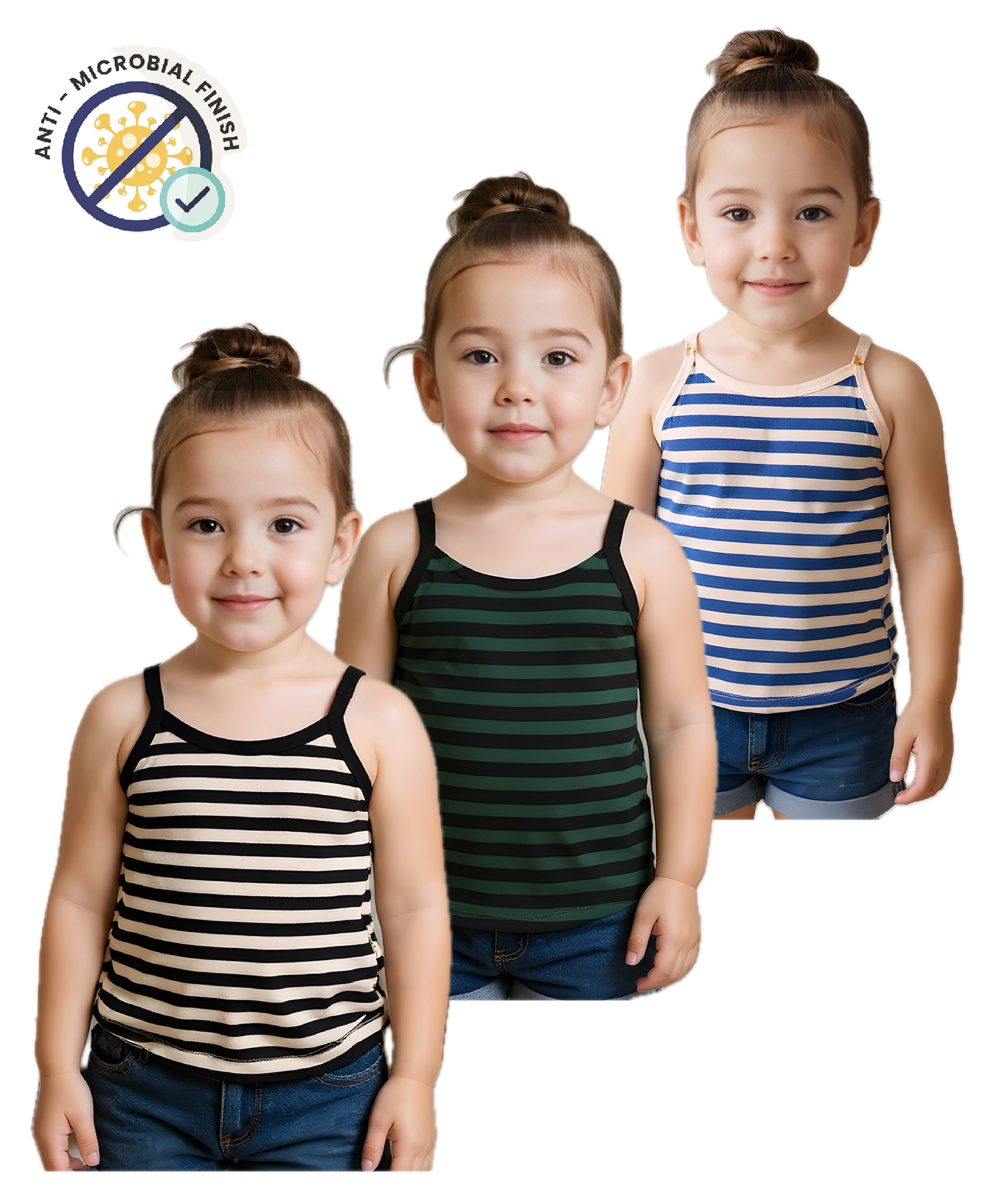 COCOON ORGANICS 100% Cotton Knit Pack Of 3 Striped Stretchable Anti Microbial Slips - White Green Blue & Black-image-47