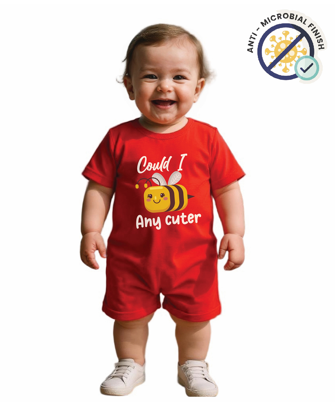 COCOON ORGANICS 100% Cotton Knit Half Sleeves Could I Bee Any Cuter Text Printed Anti Microbial Romper - Red-image-30