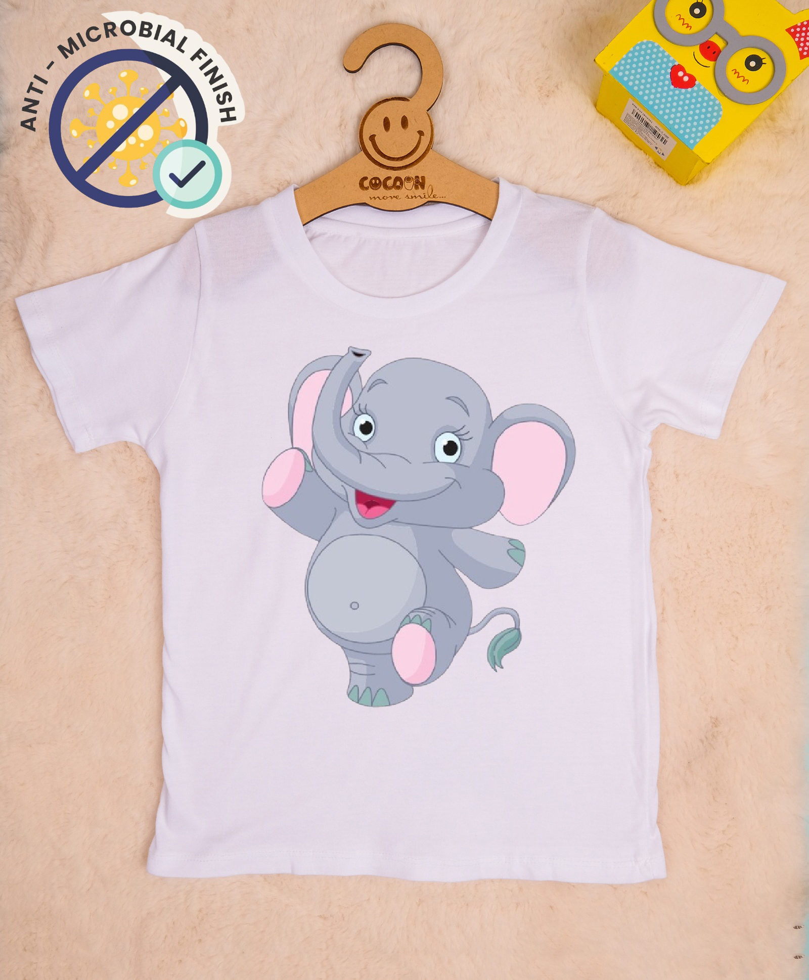 COCOON ORGANICS 100% Cotton Knit Half Sleeves Cute Baby Elephant Printed Anti Microbial Tee - White-picture-25