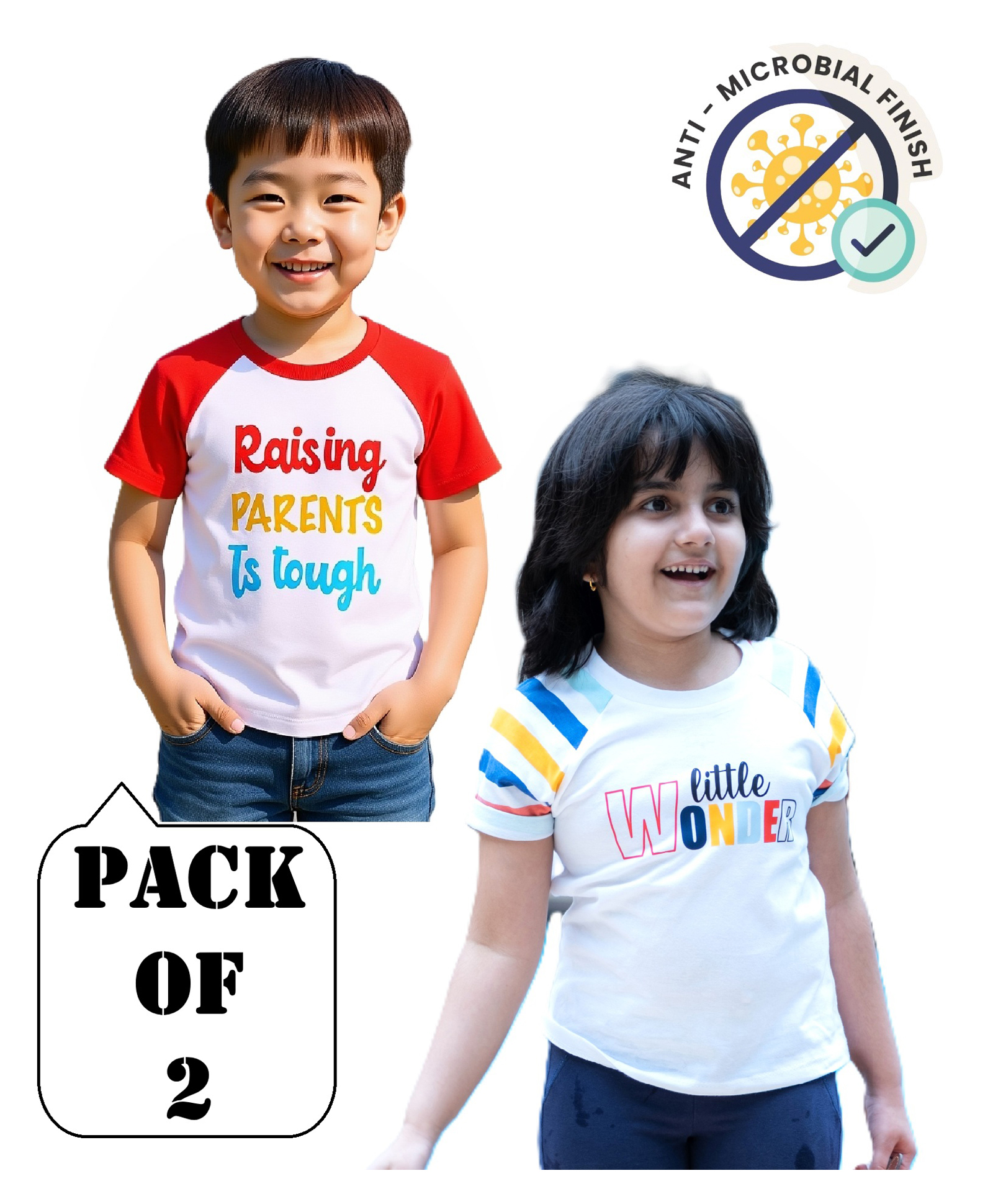 COCOON ORGANICS 100% Cotton Knit Pack Of 2 Half Raglan Sleeves Little Wonder & Raising Parents Is Tough Text Printed Anti Microbial Tees - Yellow Red White & Sky Blue-picture-20