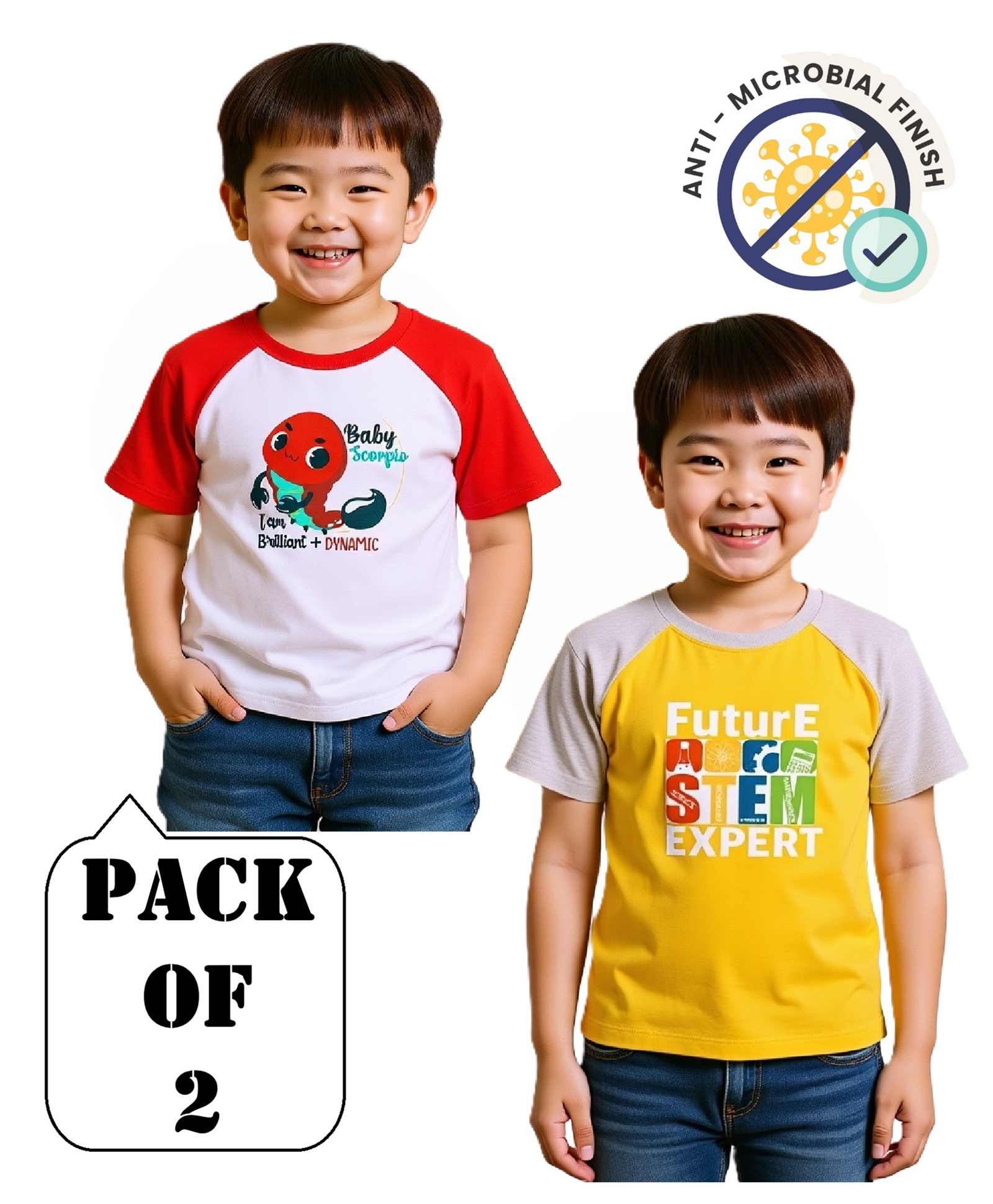 COCOON ORGANICS 100% Cotton Knit Pack Of 2 Half Raglan Sleeves Baby Scorpio & Typography Printed Anti Microbial Loose Fit Tees - Yellow Red White & Grey Melange-picture-17