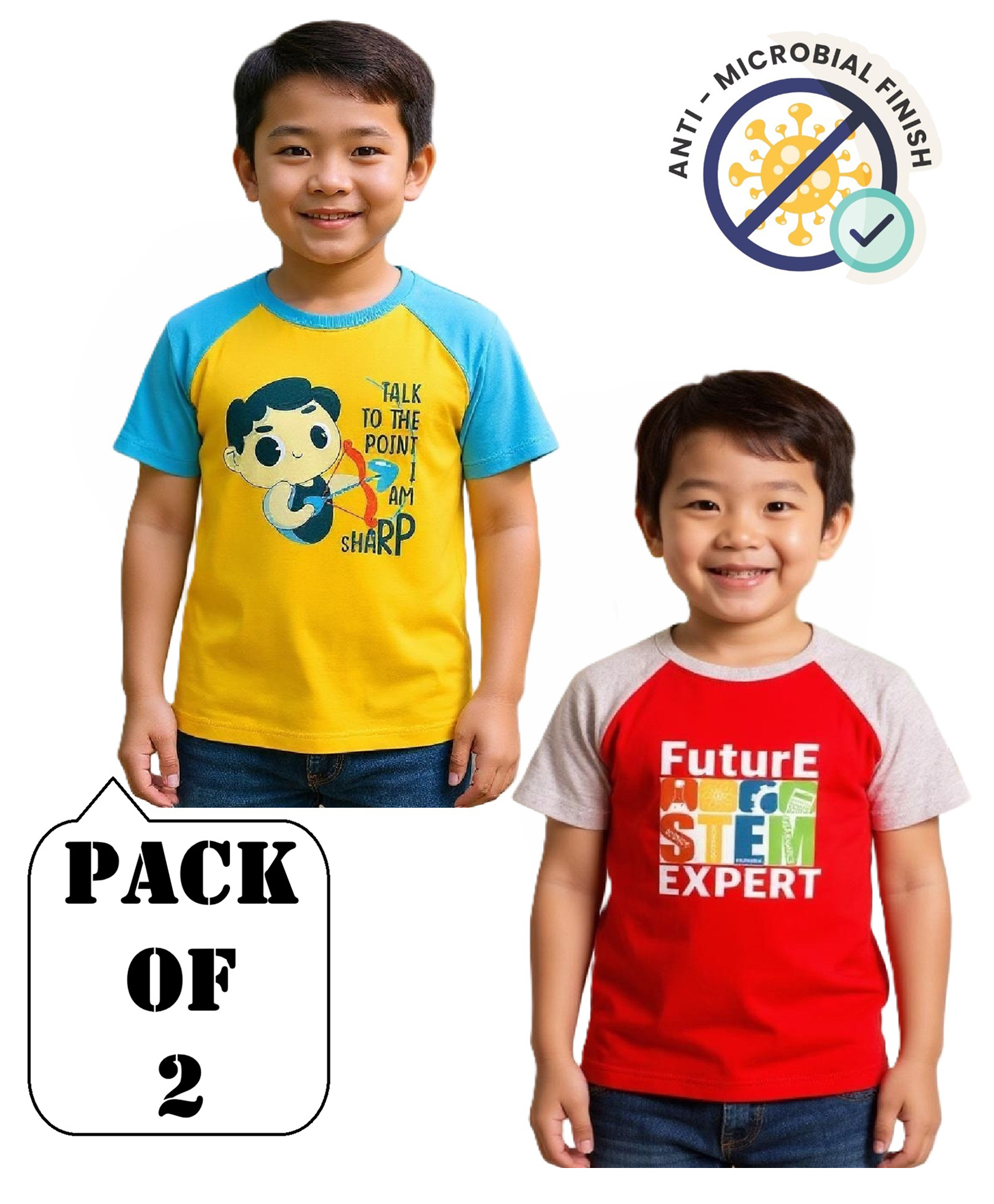 COCOON ORGANICS 100% Cotton Knit Pack Of 2 Half Raglan Sleeves Boy & Typography Printed Anti Microbial Loose Fit Tees - Grey Melange Red Yellow & Sky Blue-image-4