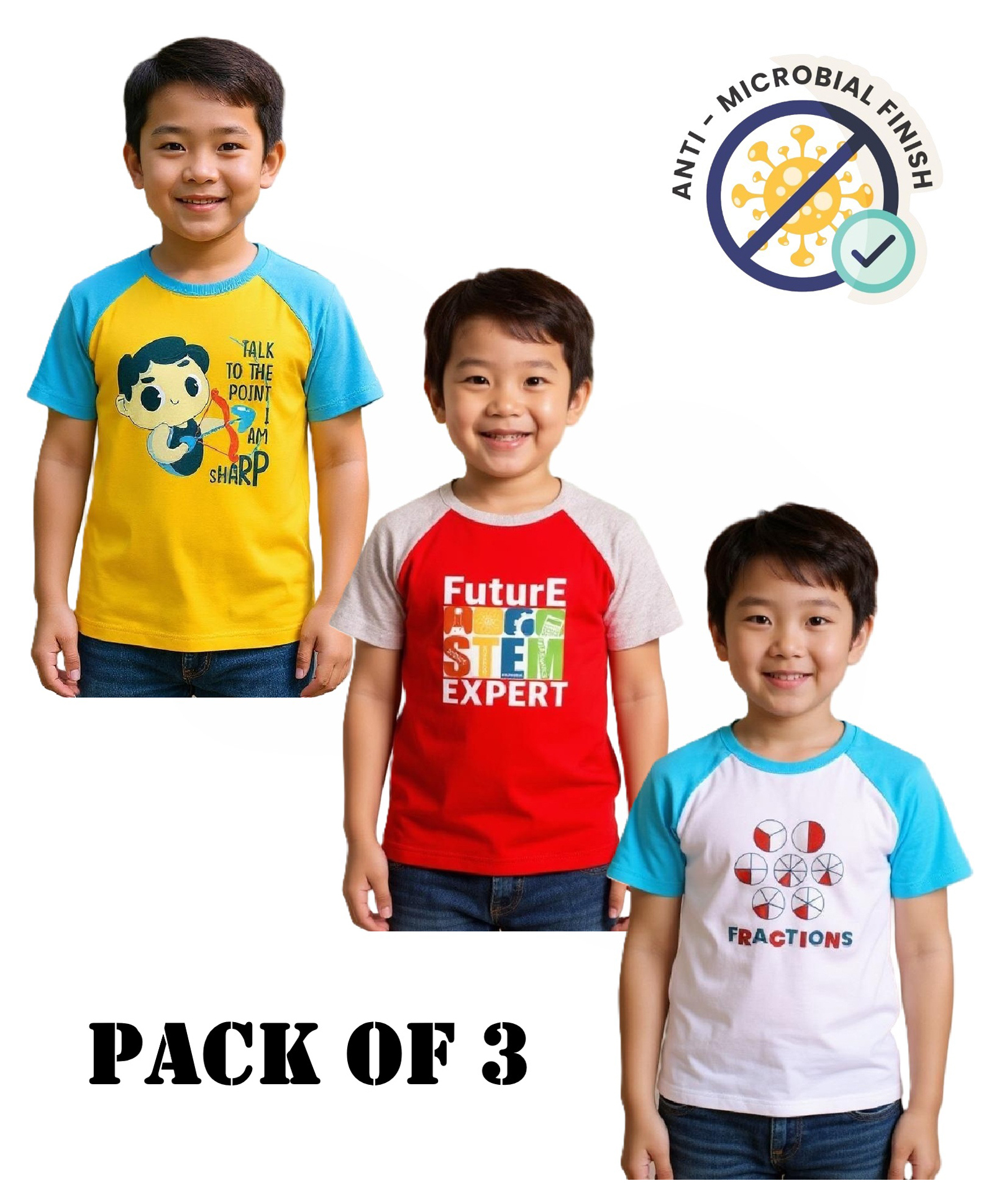 COCOON ORGANICS 100% Cotton Knit Pack Of 3 Half Raglan Sleeves Talk To The Point & Fractions Text Printed Anti Microbial Tees - Red White Yellow & Sky Blue-image-38