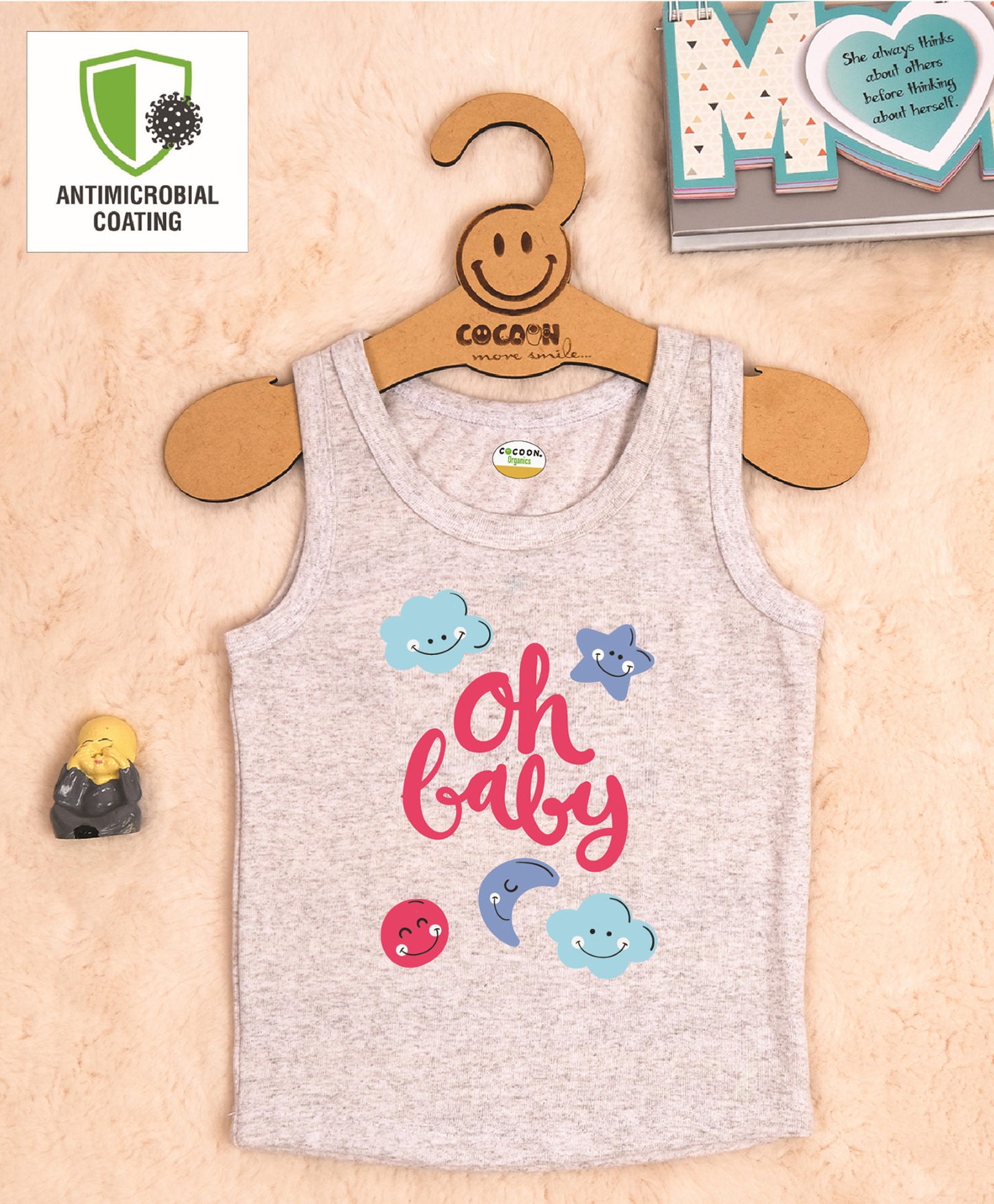 COCOON ORGANICS 100% Cotton Knit Sleeveless Oh Baby Text Printed Anti Microbial Tee- Grey Melange-picture-10