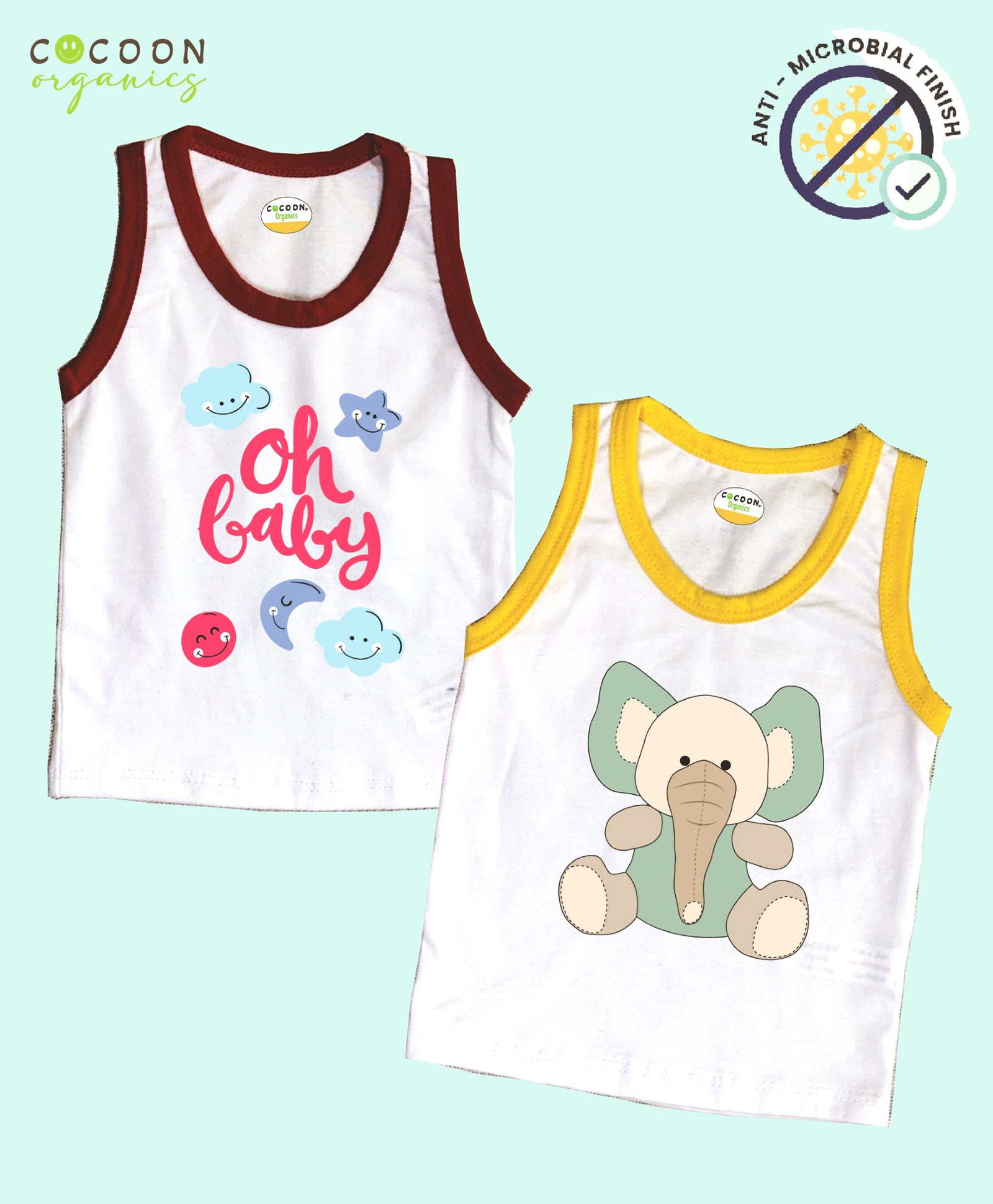 COCOON ORGANICS 100% Cotton Knit Pack Of 2 Sleeveless Elephant & Oh Baby Text Printed Anti Microbial Tee - White-picture-20