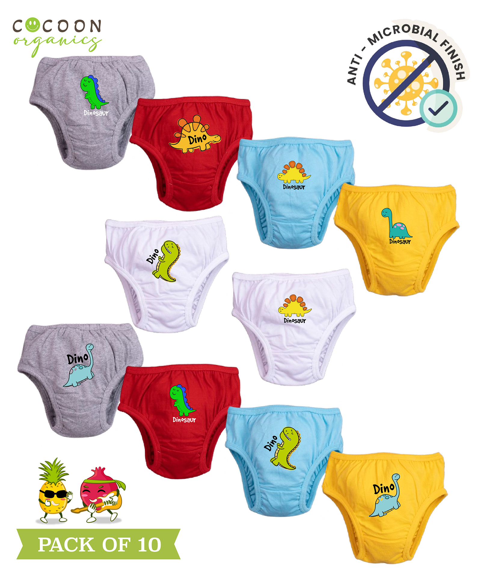 COCOON ORGANICS 100% Cotton Knit Pack Of 10 Baby Dinosaurs Printed Stretchable & Anti Microbial Briefs - Grey Melange White Yellow Red & Sky Blue-image-2