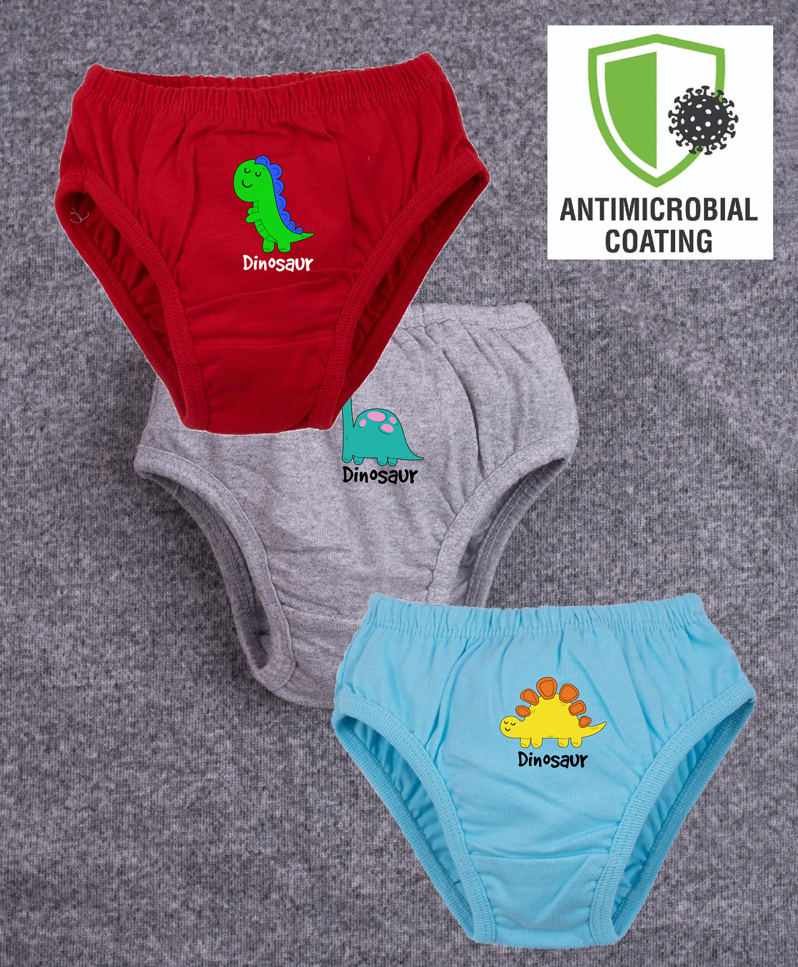 COCOON ORGANICS 100% Cotton Knit Pack Of 3 Dinosaurs Printed Stretchable Anti Microbial Panties - Sky Blue Grey Melange & Red-picture-22