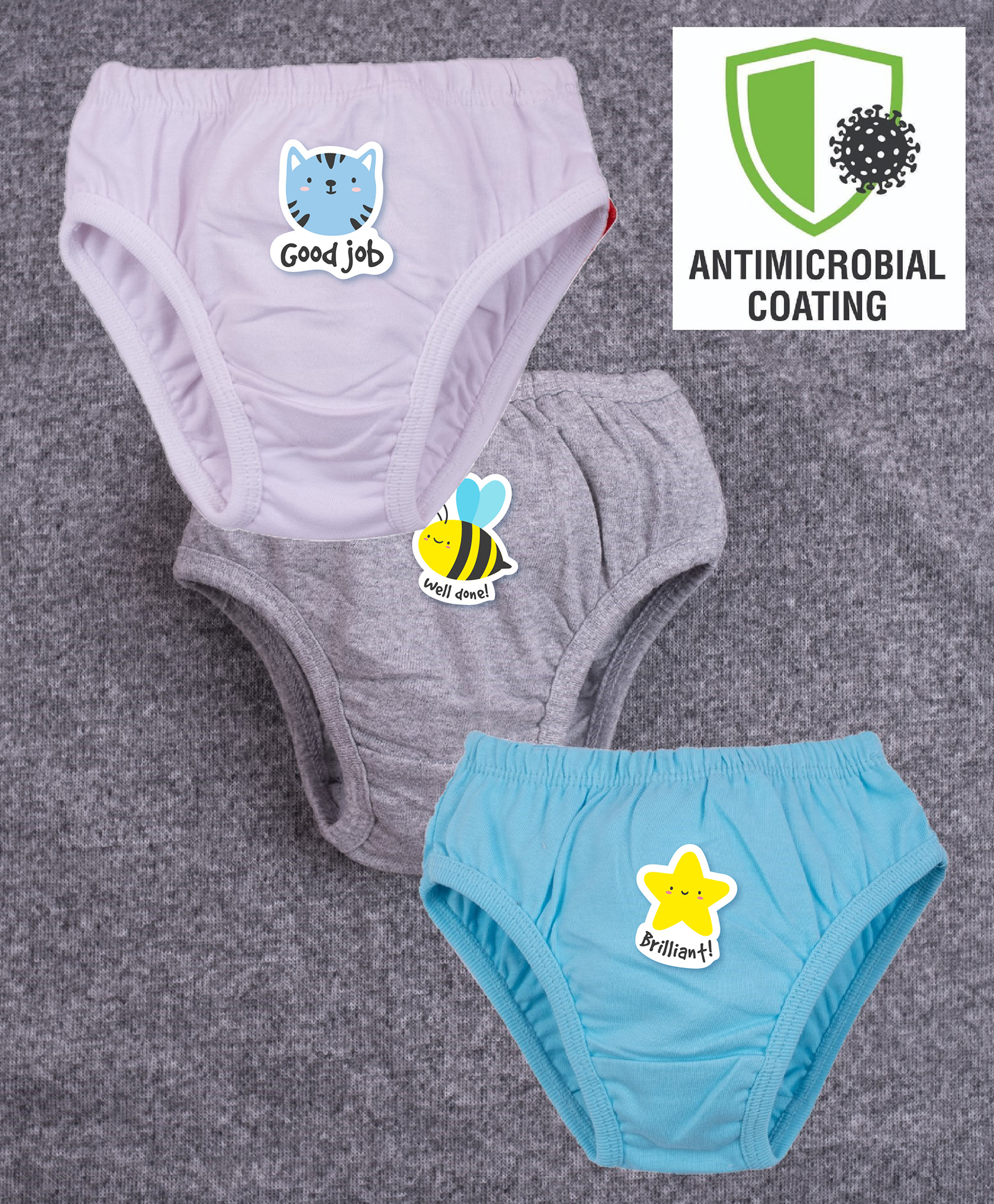 COCOON ORGANICS 100% Cotton Knit Pack Of 3 Cat & Honey Bee Printed Stretchable Anti Microbial Panties - Sky Blue Grey Melange & White-picture-19