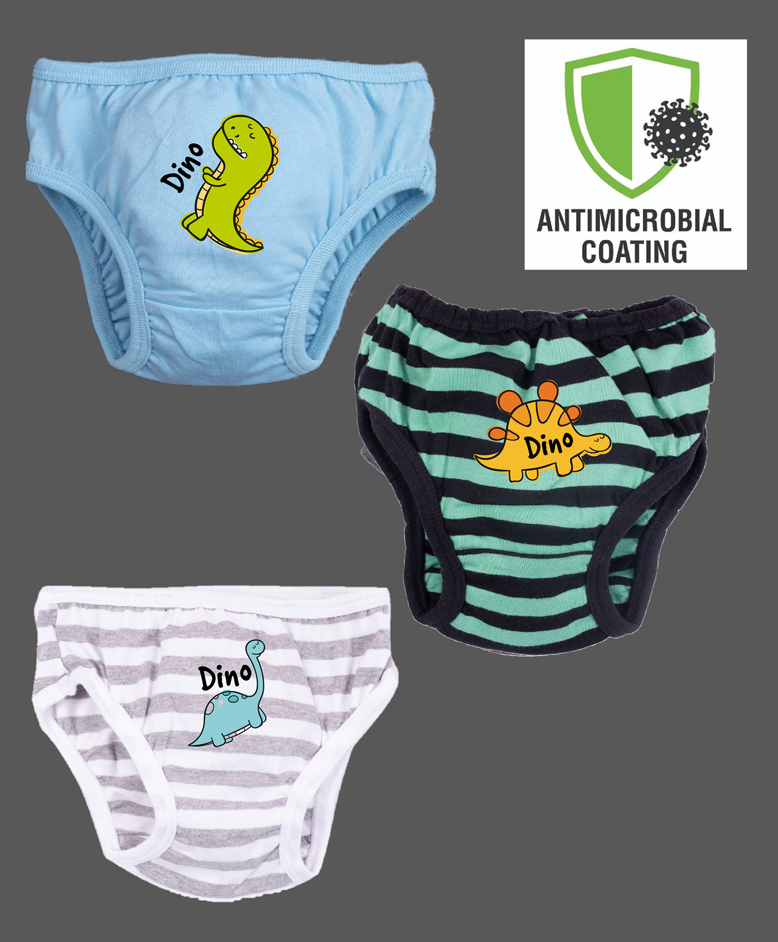 COCOON ORGANICS 100% Cotton Knit Pack Of 3 Striped & Dinosaurs Printed Stretchable Anti Microbial Panties - Sky Blue Green Grey Melange & White-picture-37