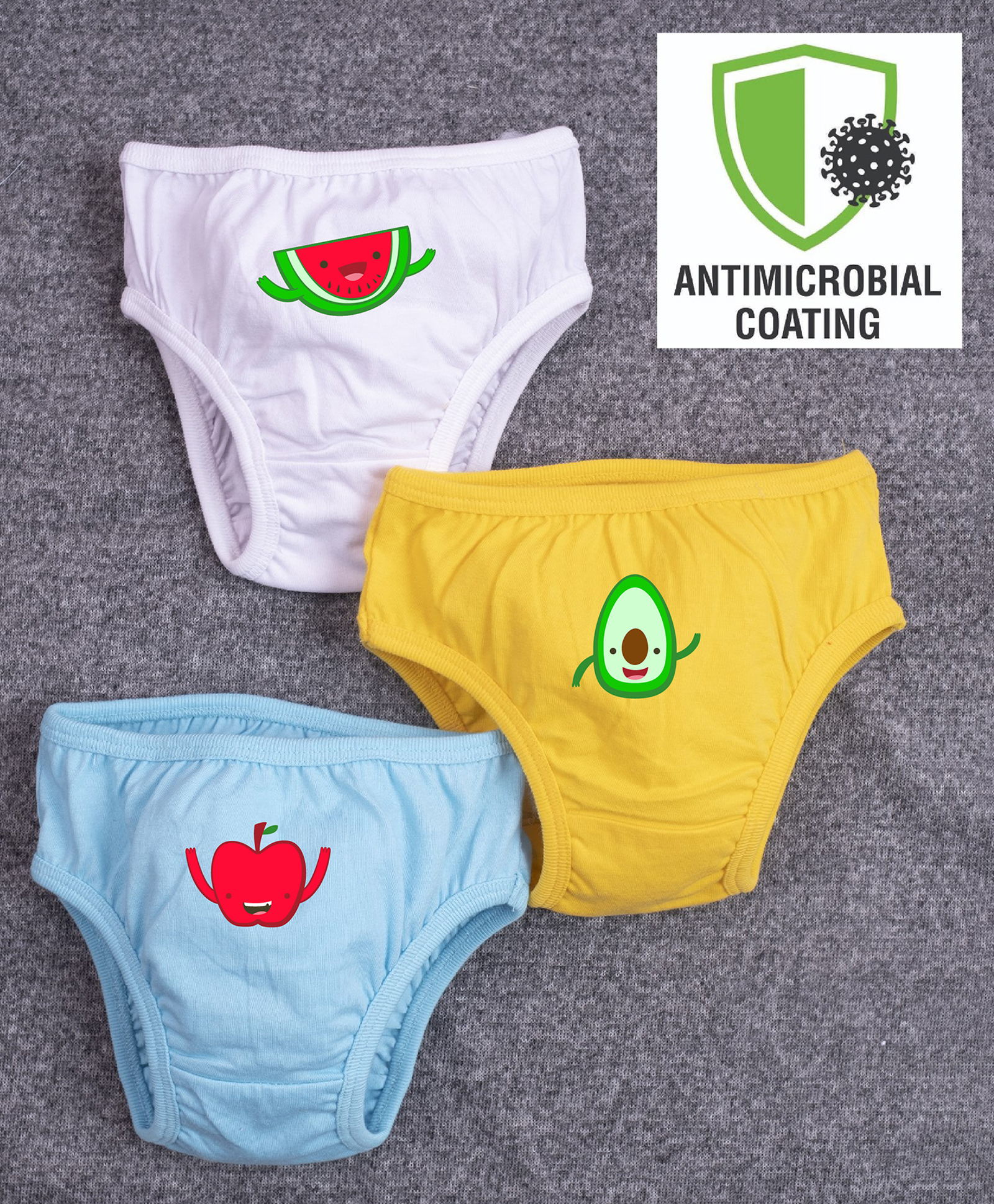 COCOON ORGANICS Cotton Knit Pack Of 3 Avocado & Watermelon Printed Anti Microbial Panties - Sky Blue Yellow & White-image-3