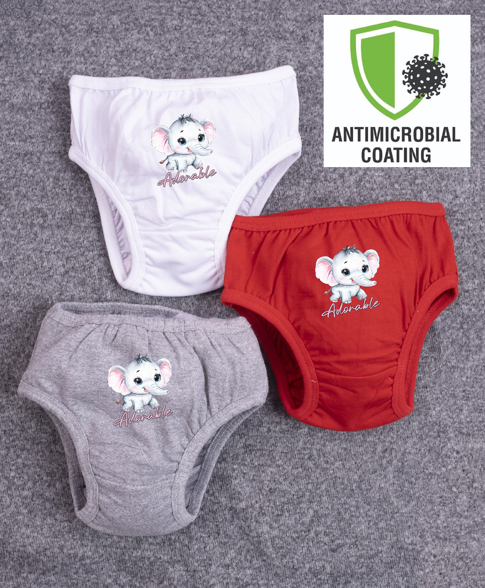 COCOON ORGANICS Cotton Knit Pack Of 3 Elephant Printed Anti Microbial Bloomers - Grey Melange Red & White-image-4