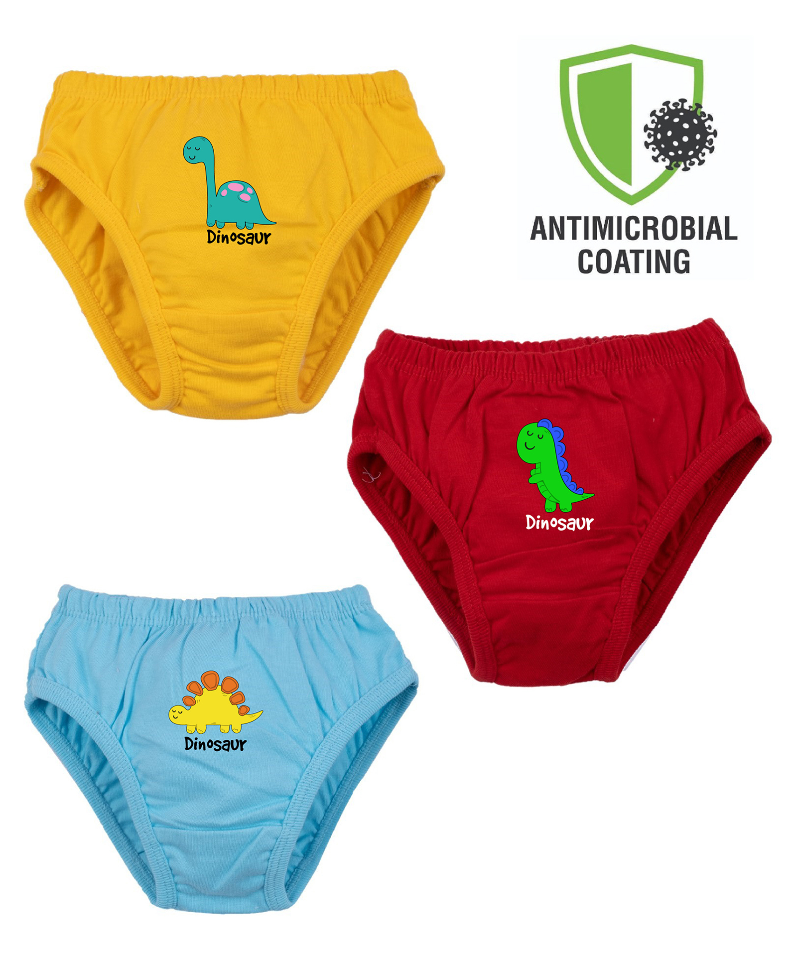 COCOON ORGANICS 100% Cotton Knit Pack Of 3 Dinosaur Printed Stretchable & Anti Microbial Panties - Yellow Red & Sky Blue-picture-22