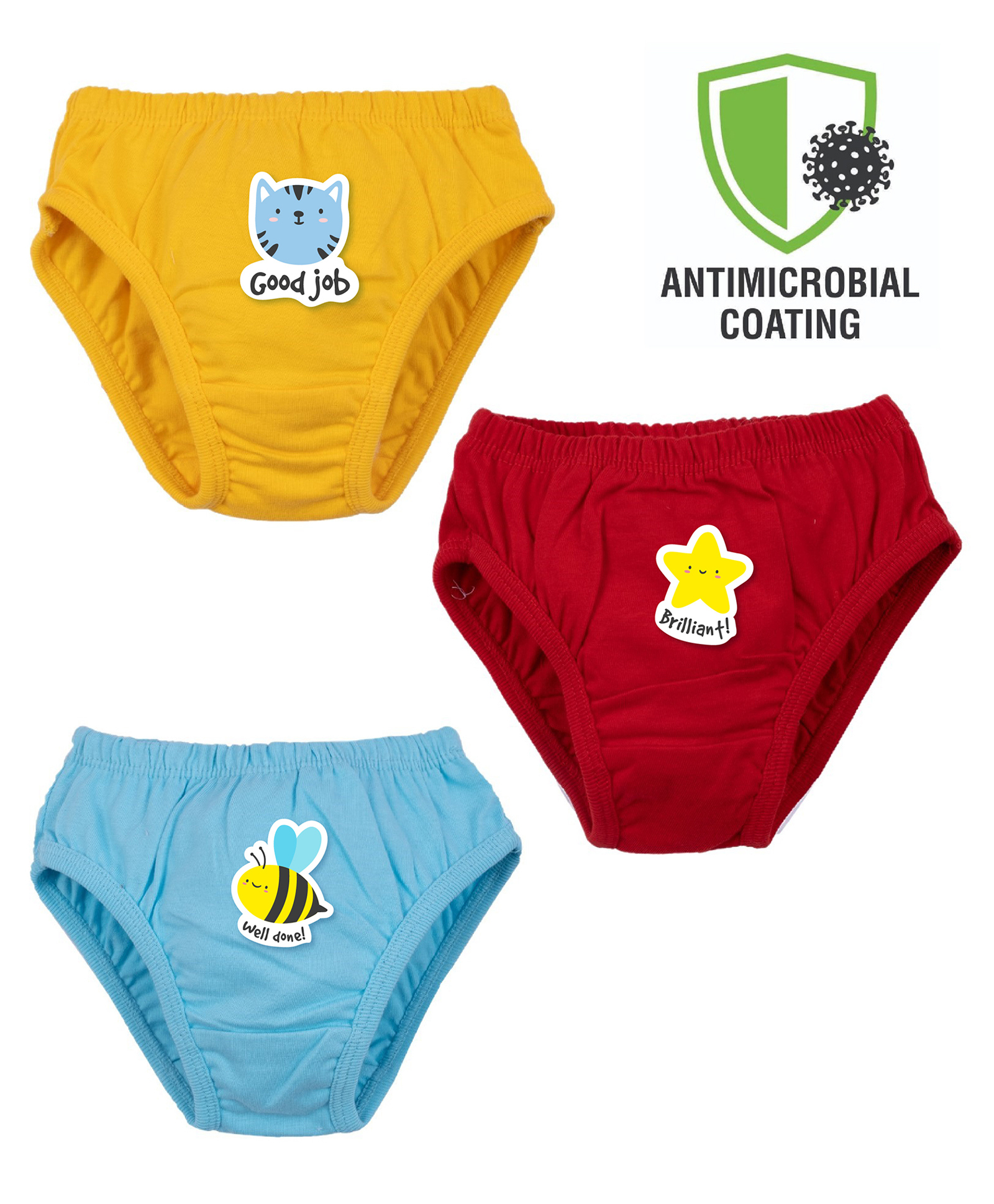 COCOON ORGANICS 100% Cotton Knit Pack Of 3 Cat & Bee Printed Stretchable & Anti Microbial Panties - Yellow Red & Sky Blue-image-48