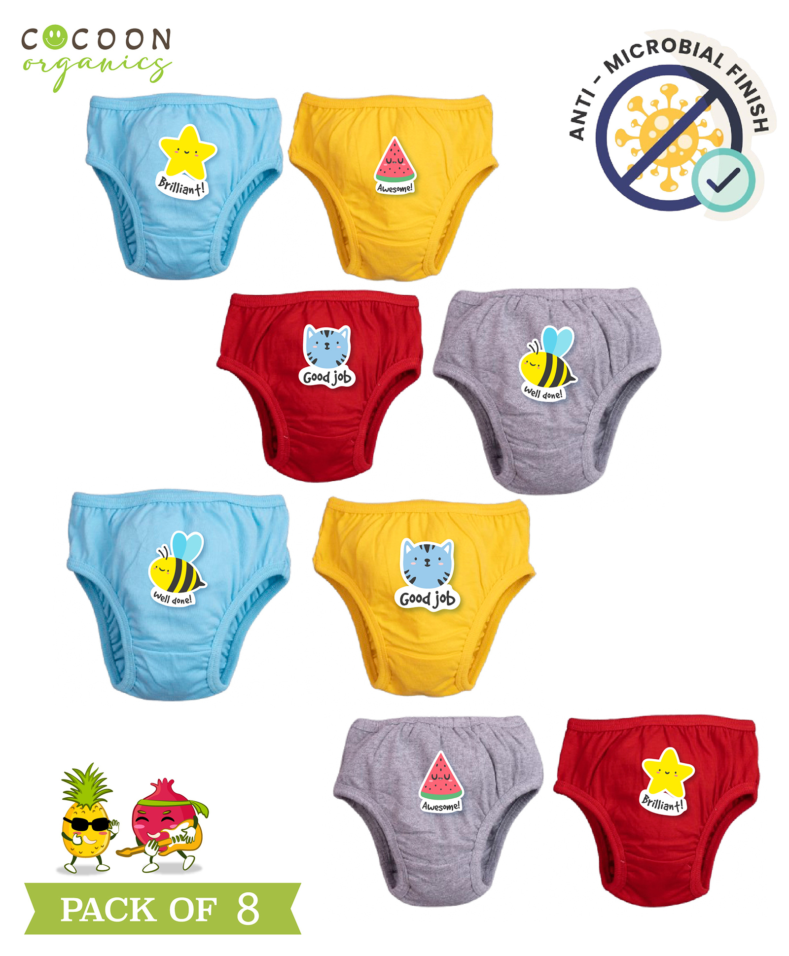 COCOON ORGANICS 100% Cotton Knit Pack Of 8 Melon Cat Bee & Star Printed Anti Microbial & Stretchable Panties - Grey Melange Yellow Red & Sky Blue-picture-23