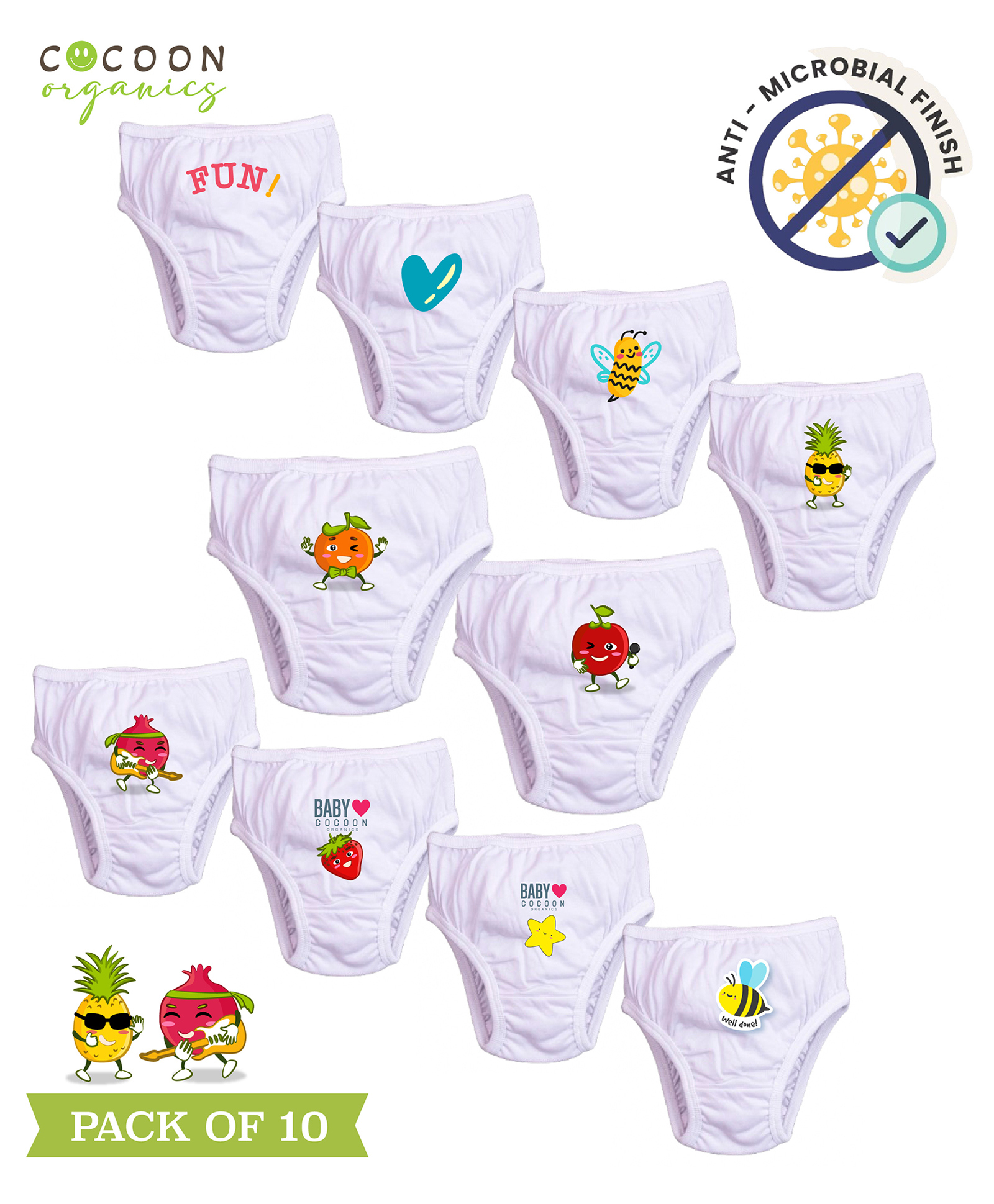 COCOON ORGANICS 100% Cotton Knit Pack Of 10 Bee & Fruits Printed Anti Microbial Panties - White-picture-16