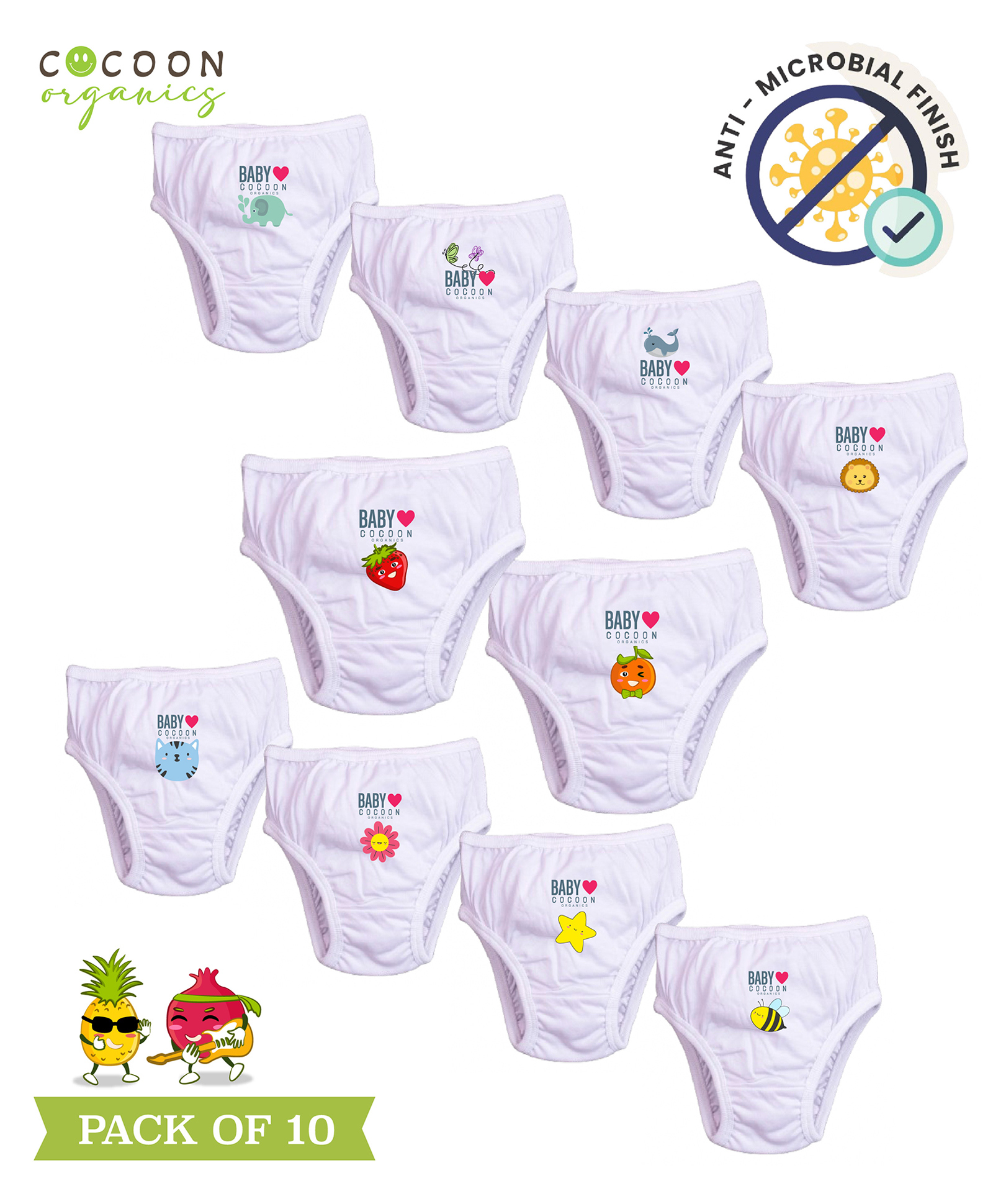 COCOON ORGANICS 100% Cotton Knit Pack Of 10 Animal & Fruits Printed Anti Microbial & Stretchable Panties - White-image-24
