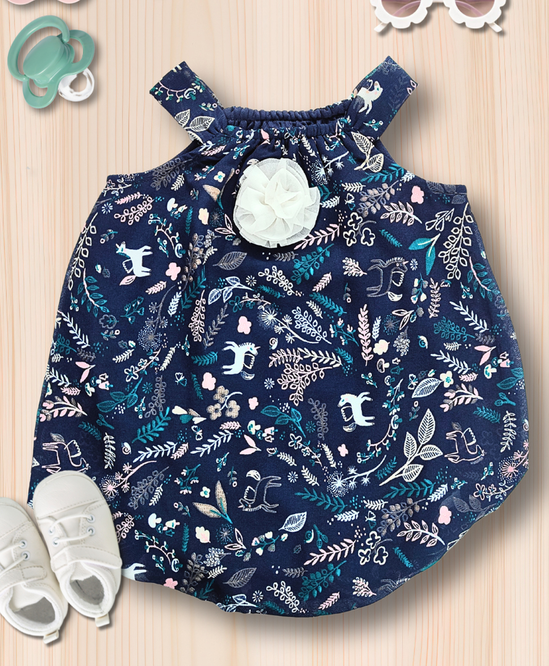 Creative Kids Georgette Woven Sleeveless Unicorn Printed Floral Applique Detailed Onesie - Navy Blue-picture-11