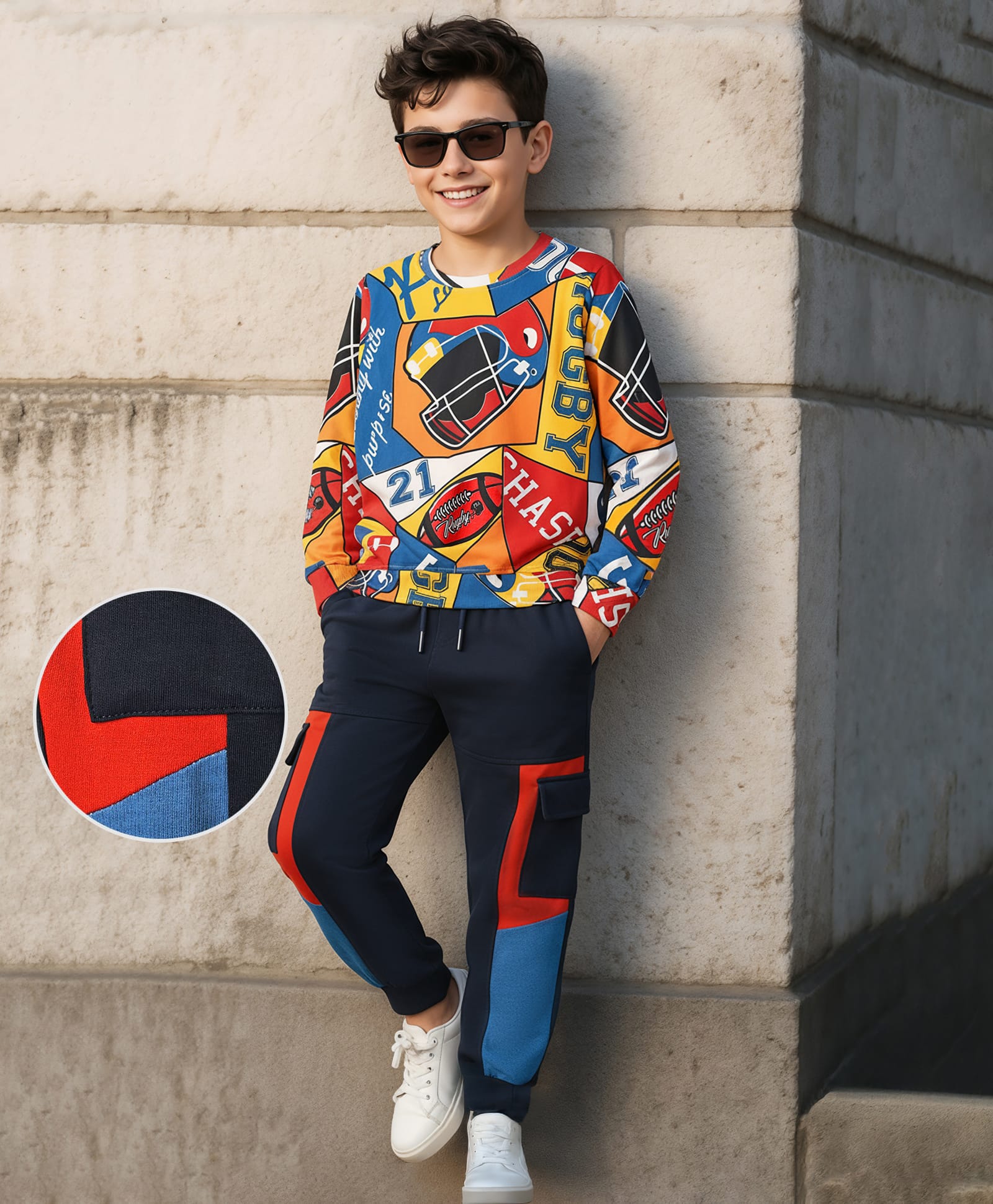 OLLINGTON ST. Cotton Full Sleeves Printed Sweatshirt & Joggers Set - Multicolor & Navy Blue-image-48