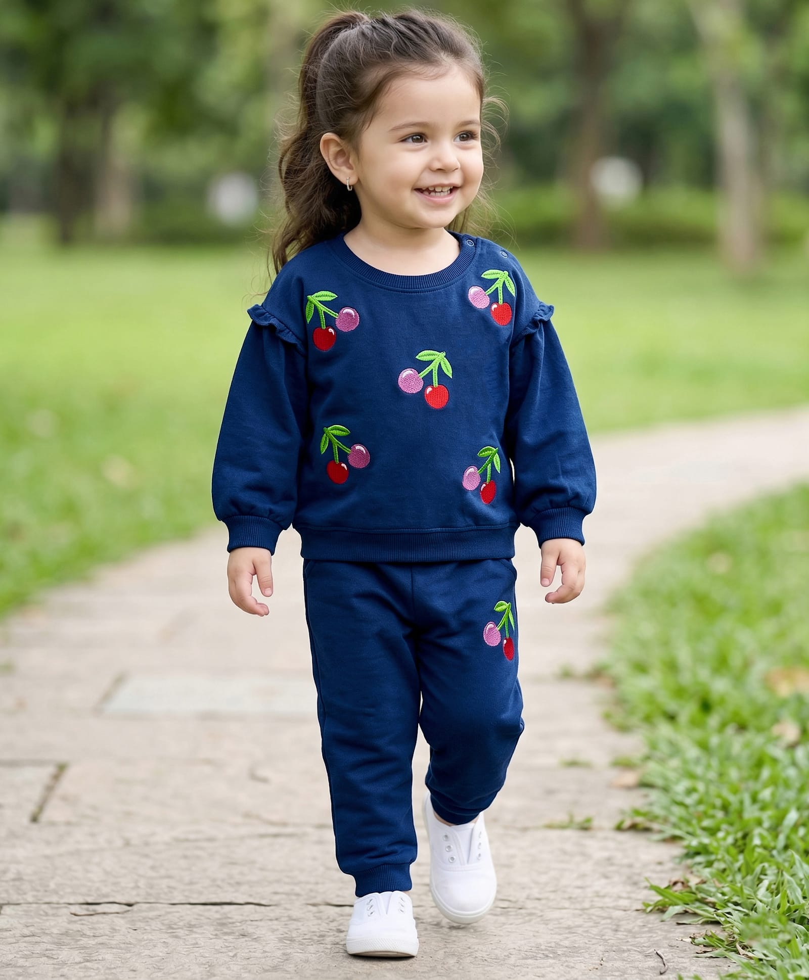 Babyhug Terry Knit Full Sleeves Top & Lounge Pant Set with Cherry Embroidery - Navy Blue-image-31