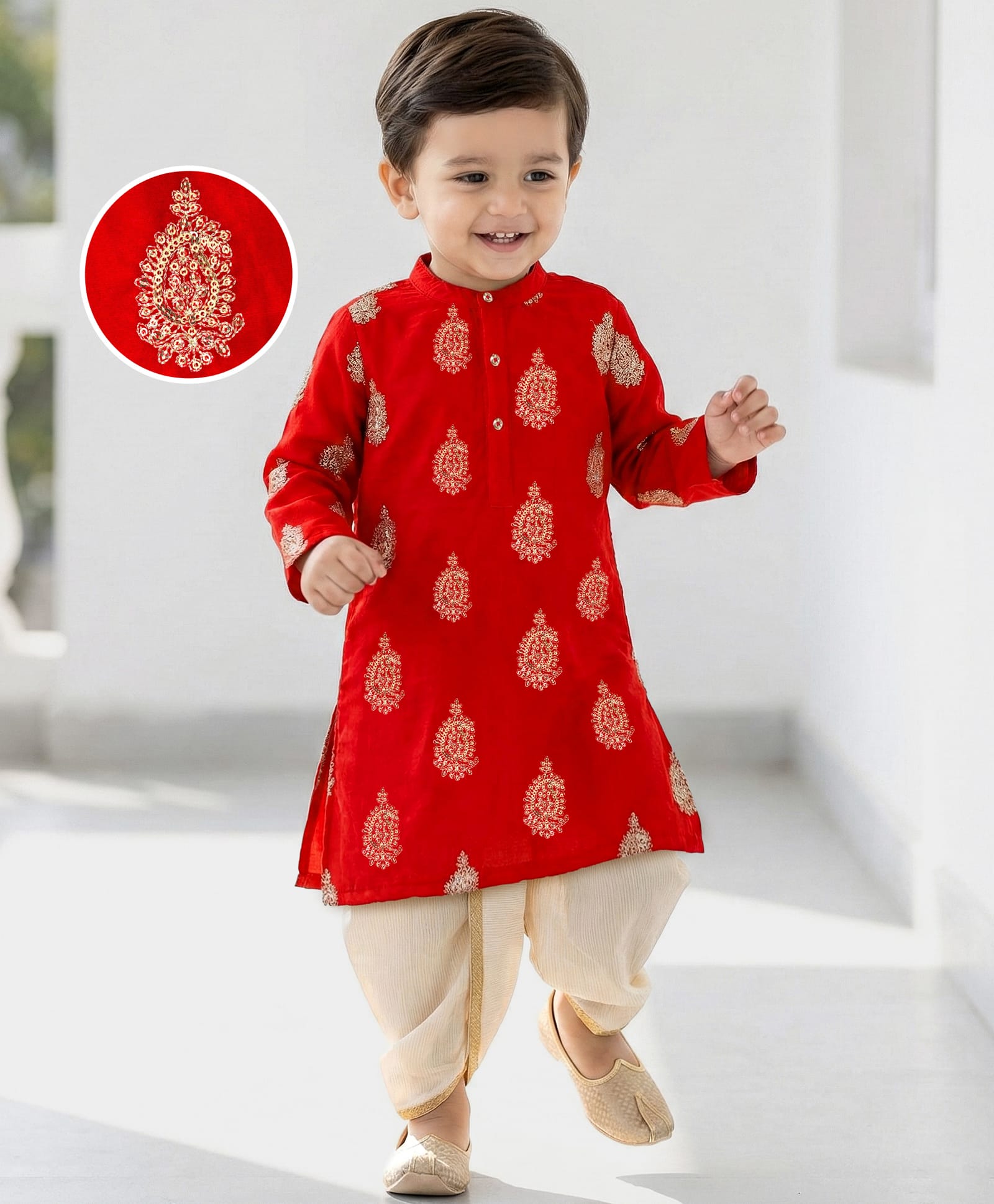 Babyhug Velvet Woven Full Sleeves Kurta Dhoti Set with Embroidery & Sequin Detailing - Red