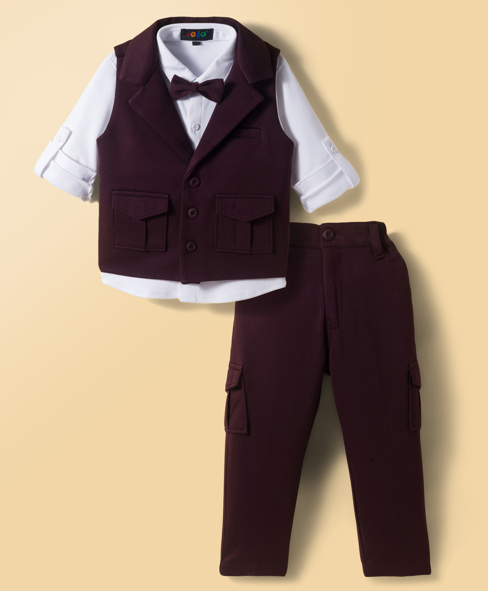 Robo Fry Cotton Woven Full Sleeves Solid 3 Piece Party Suit With Bow Applique - Wine-picture-38