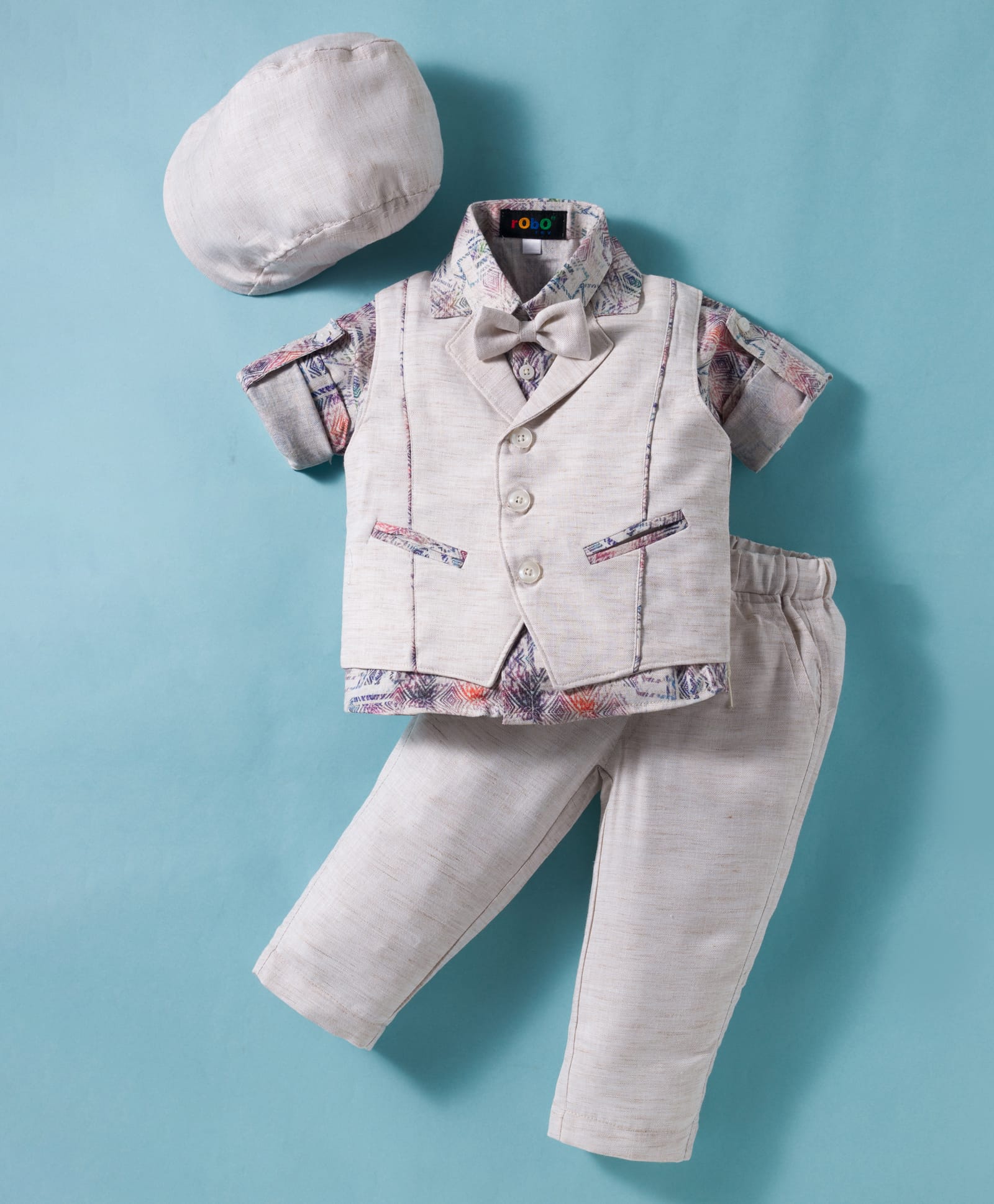 Robo Fry Cotton Woven Full Sleeves Printed Three Piece Party Suit with Cap & Bow - Grey-image-15