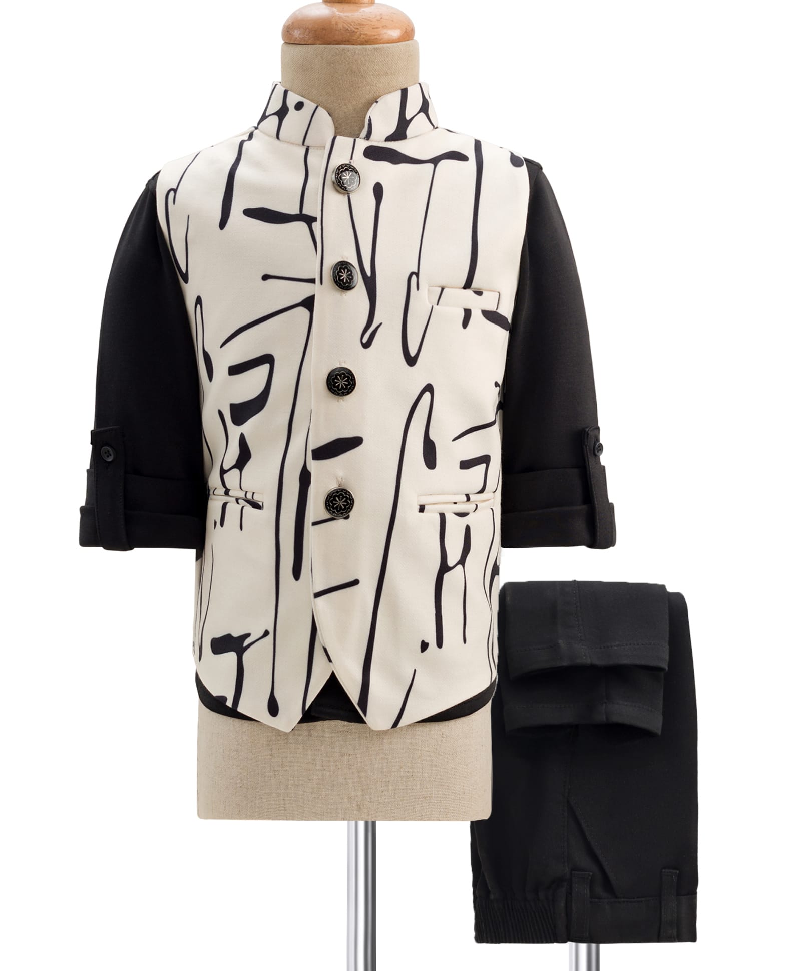 Robo Fry Cotton Woven Full Sleeves Printed 3 Piece Party Suit With Bow - White-picture-24